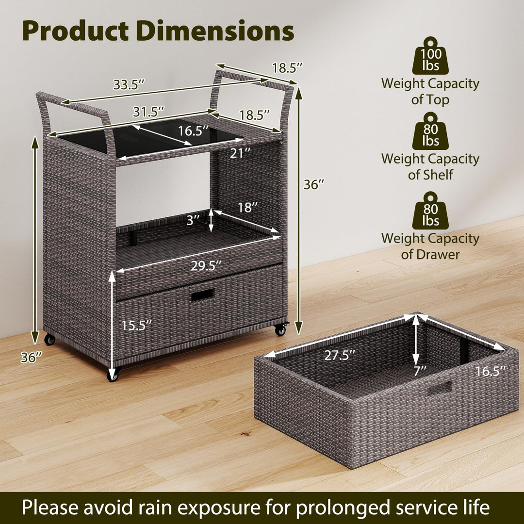 Giantex Rolling Wicker Cart W/Shelves and Big Drawer for Dining Room