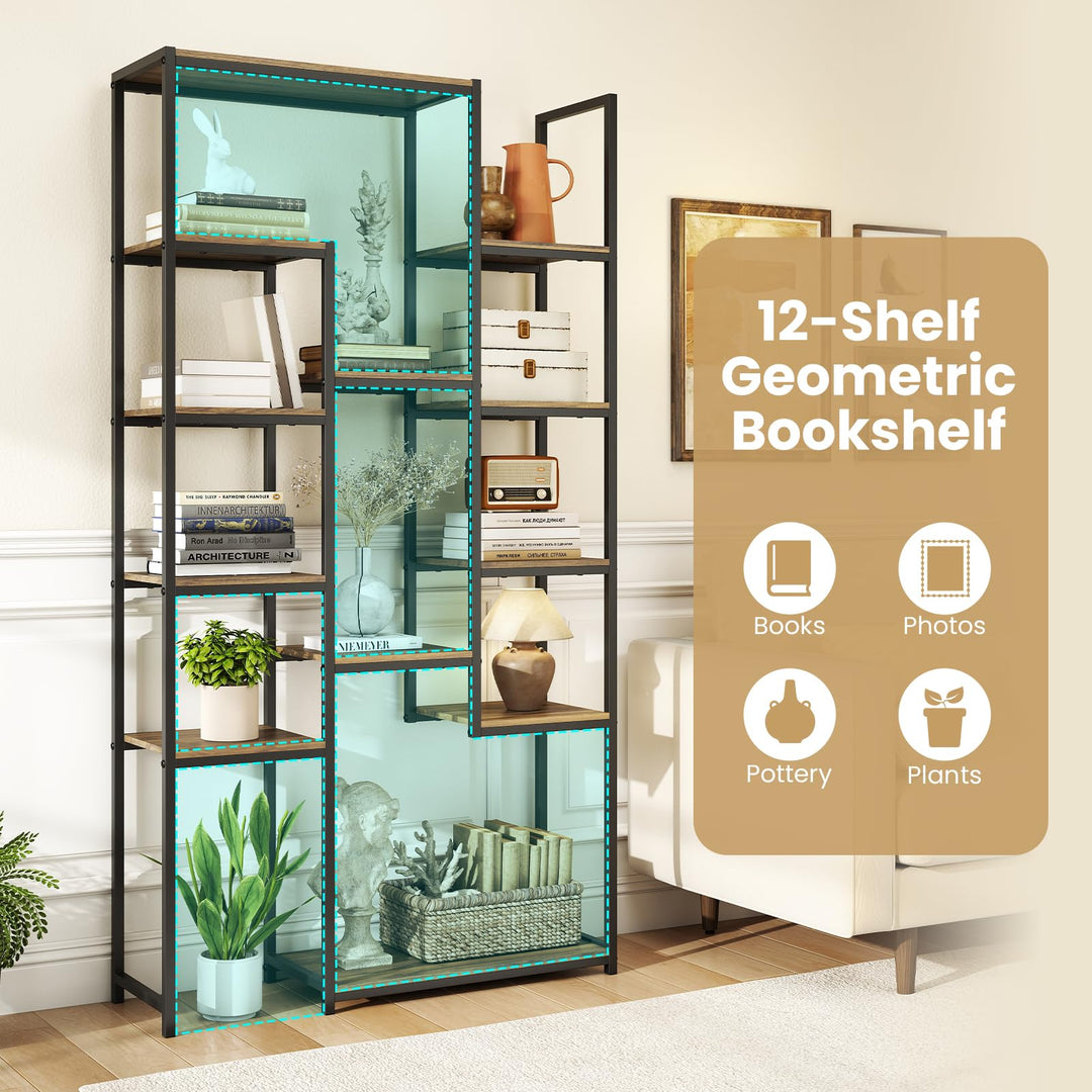 Giantex 71" Geometric Bookshelf | Vintage Tall Bookcase w/ 12 Open Shelves