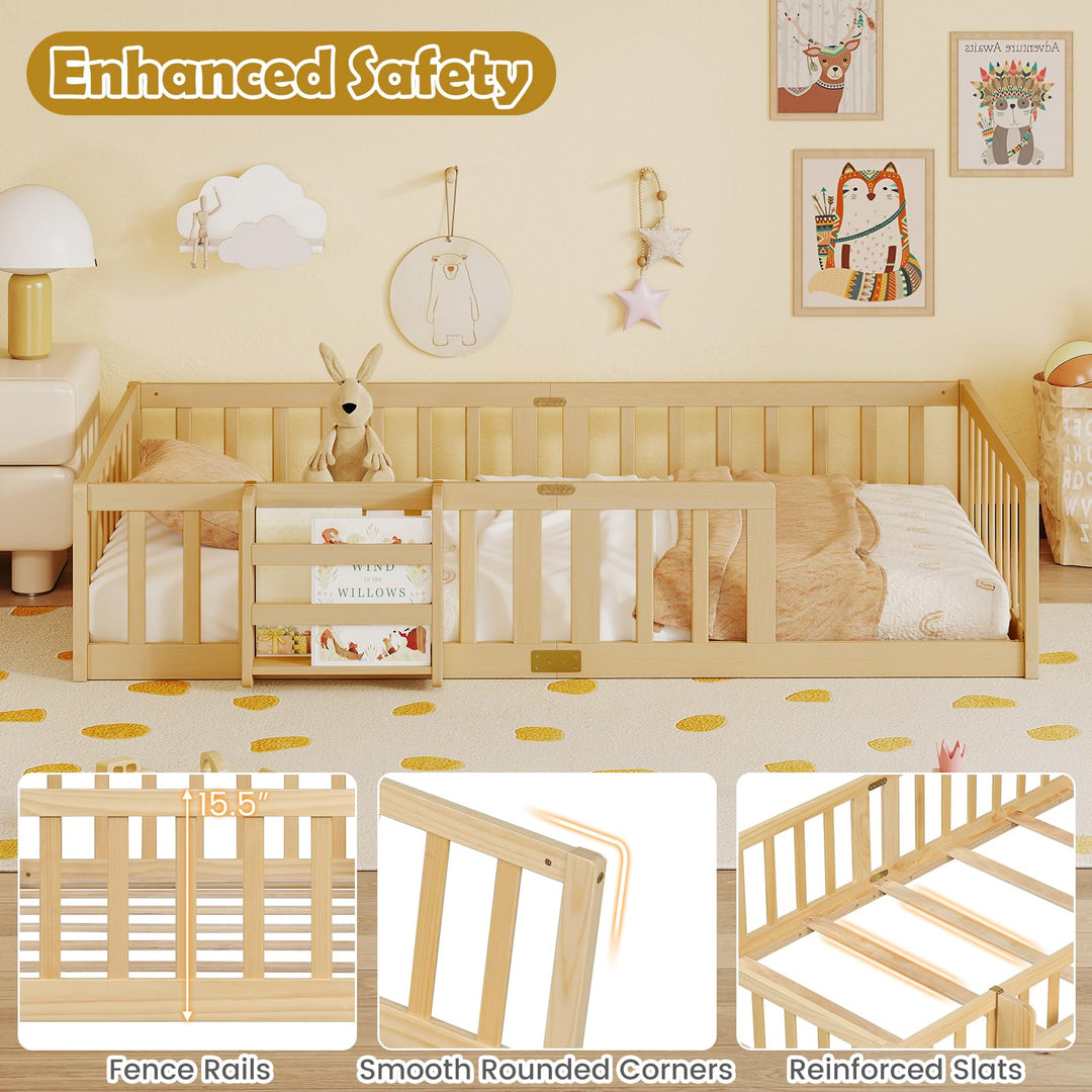 GIANTEX Twin Solid Wood Floor Bed for Kids | Montessori Bed with Bedside Bookshelf