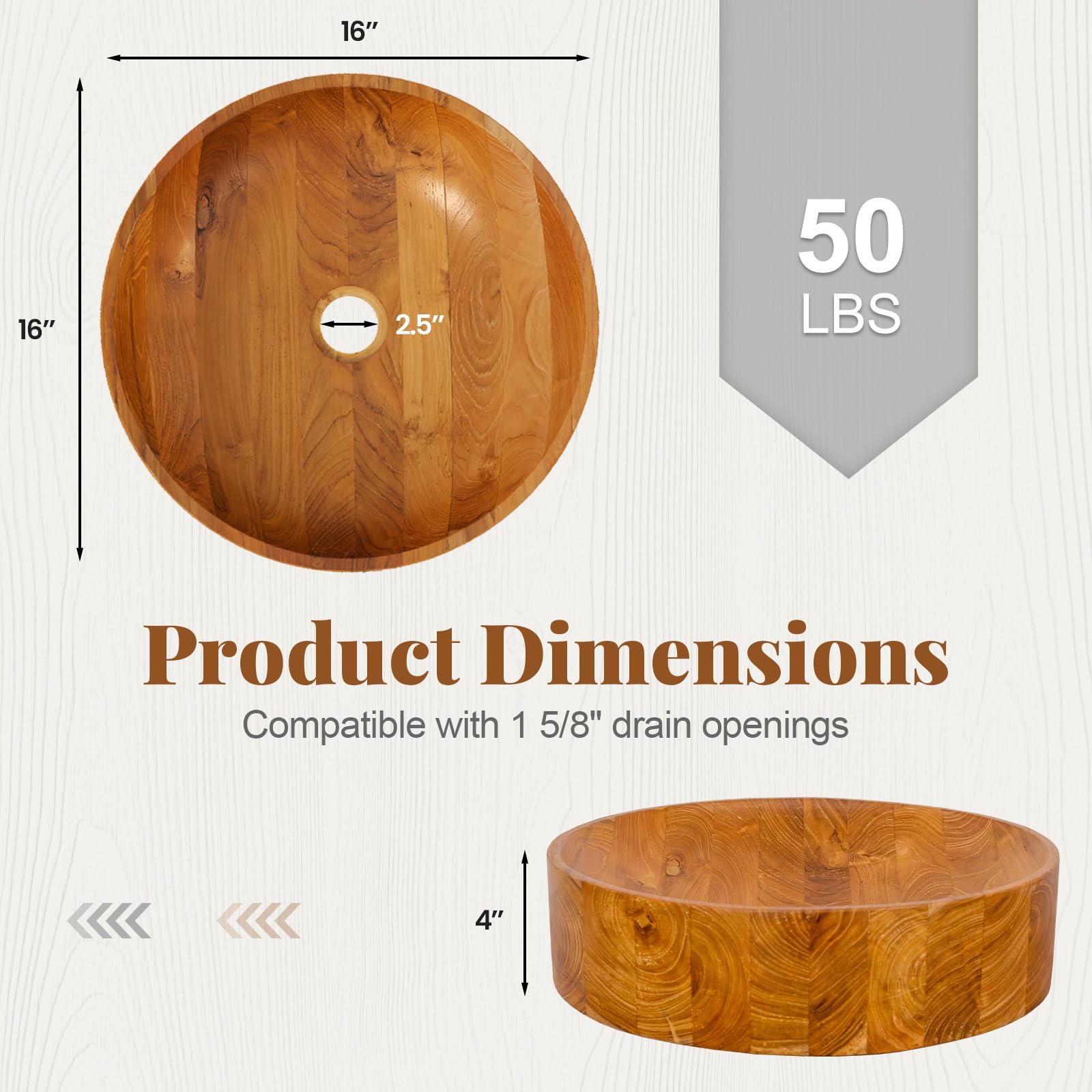 Giantex Teak Wood Vessel Sink - Bathroom Washbasin with Smooth Finish, 2.5” Drain Hole for 1 5/8" Drainage (16” x 16” x 4”)
