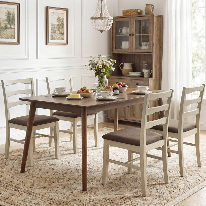 Giantex Wood Farmhouse Upholstered Kitchen Chairs with Ladder Back Design (2/4)