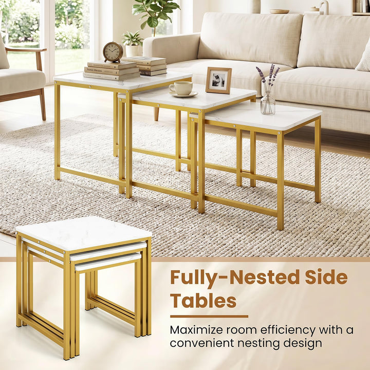 Giantex Nesting Coffee Table Set of 3 | Faux Marble Coffee Table with Metal Frame