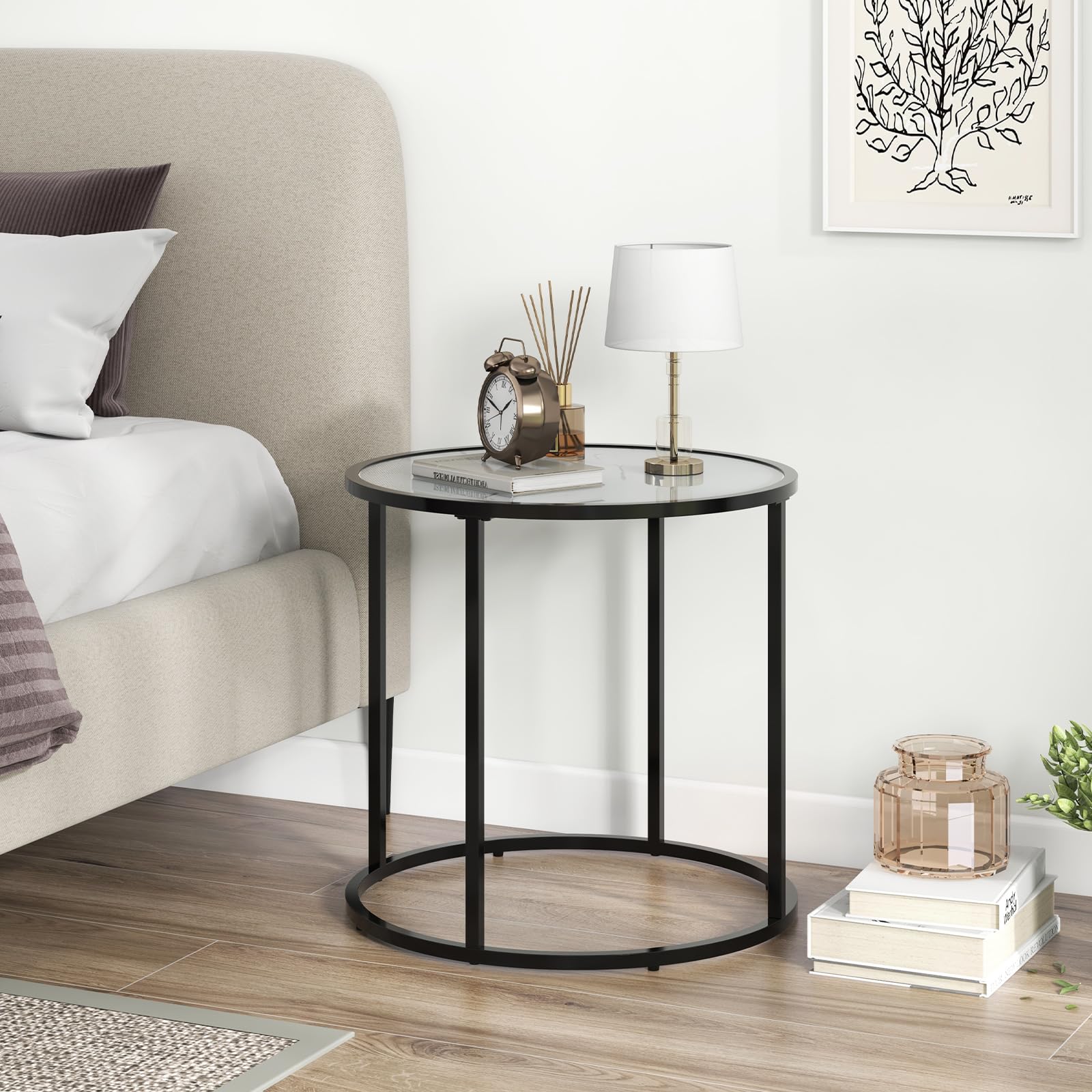 Giantex Round Side Table, Tempered Glass End Table with Metal Frame