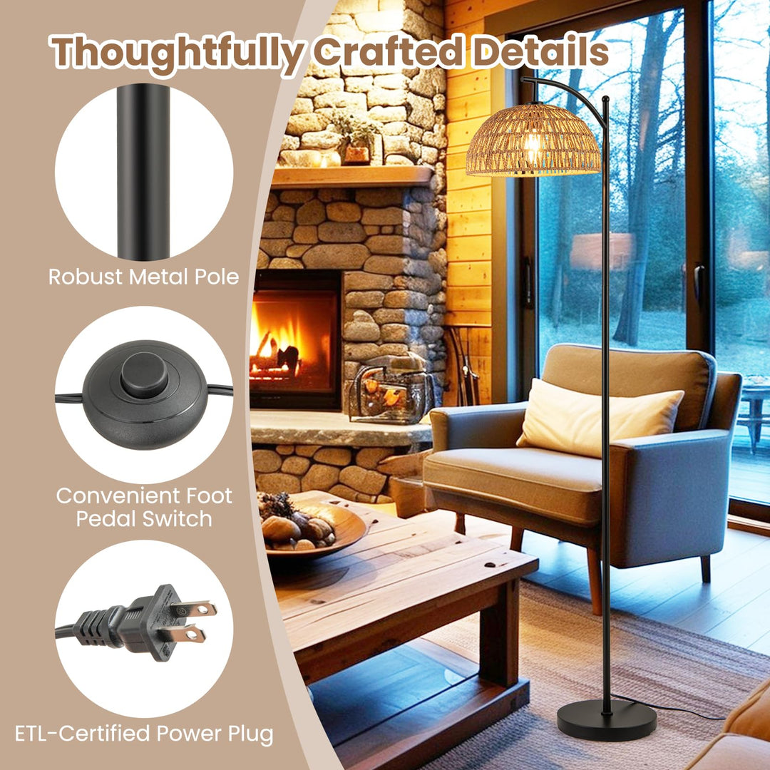 Giantex Boho Floor Lamp with Handwoven Paper Rope Shade Arc Standing Lamp with E26 Socket & Foot Switch