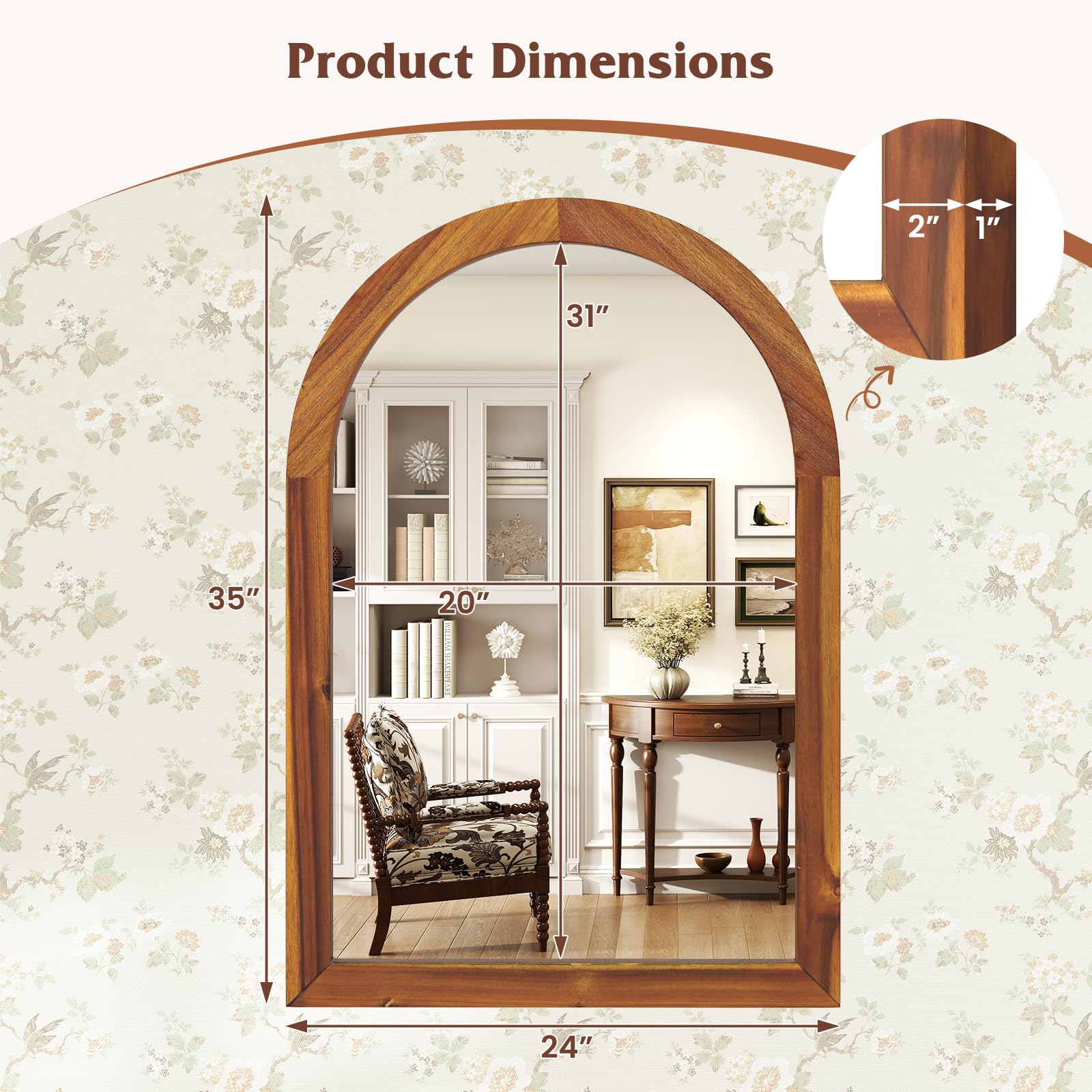 Farmhouse Wall Mirror Arched Mirror with Solid Acacia Wood Frame