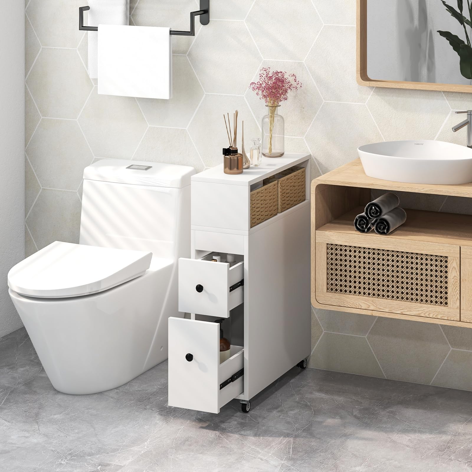  Giantex Over The Toilet Storage Cabinet with 2 Doors and  Adjustable Shelves, Space-Saving Rack Bathroom Shelf with Paper Holder,  Freestanding Bathroom Storage Over The Toilet for Small Space, White : Home
