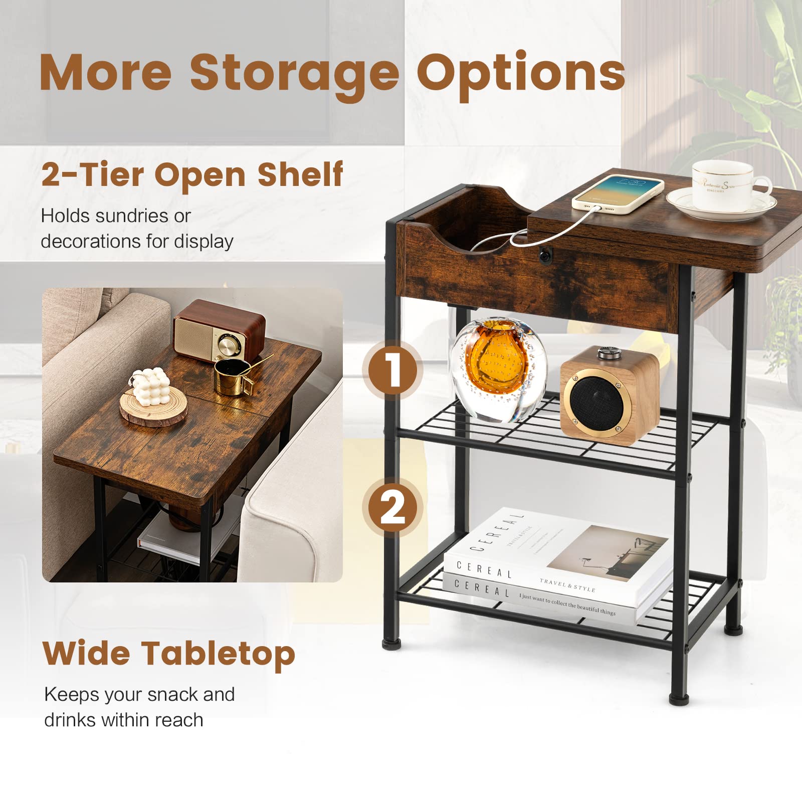 Giantex Side End Table for Small Space, Nightstand with Charging Station, 2 AC Outlets, 2 USB Ports & Adjustable Pads