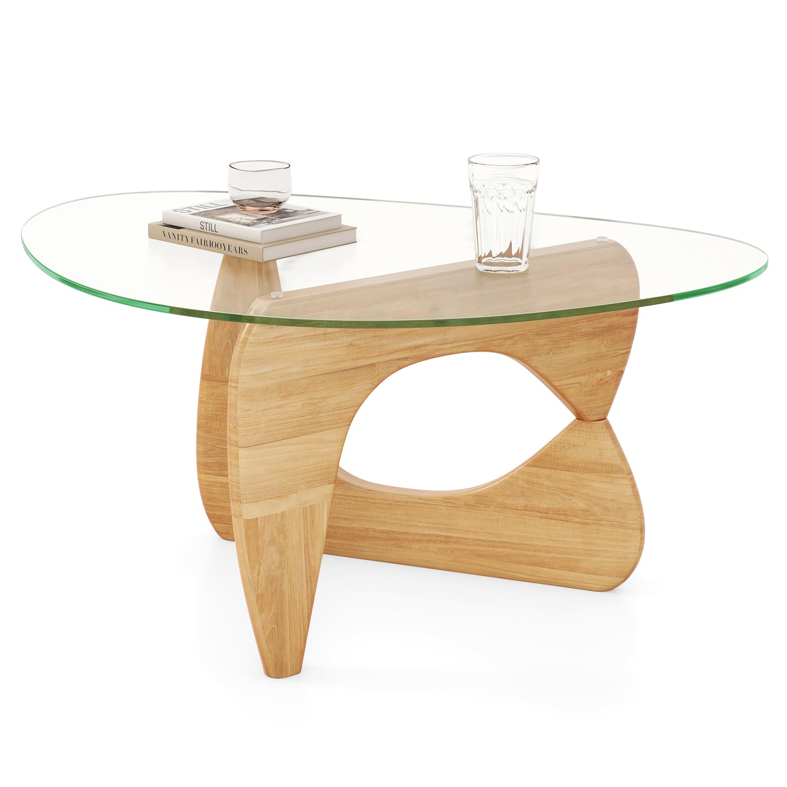 Giantex Triangle Glass Coffee Table, Solid Wood Tea Table with