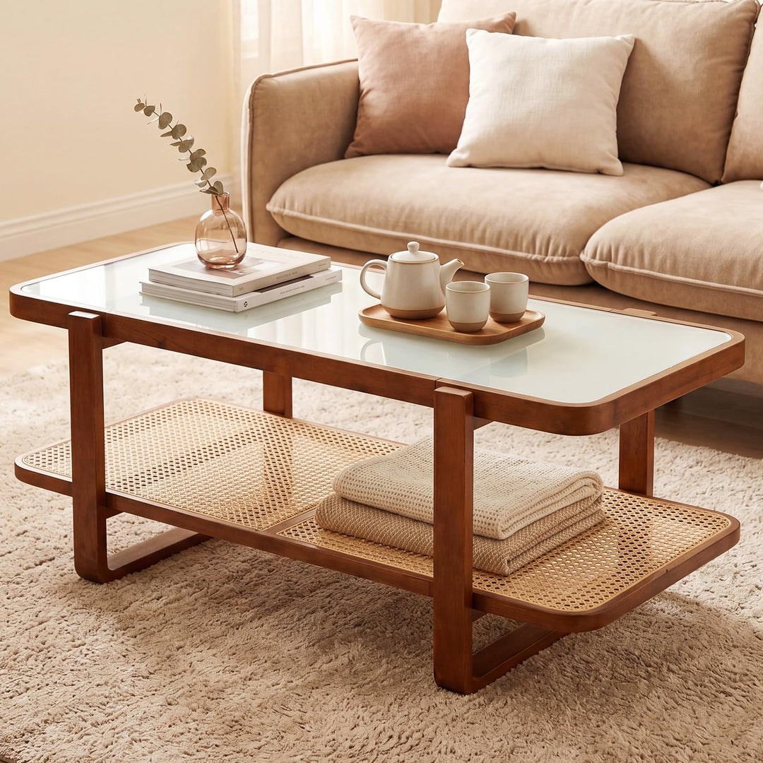 Giantex Rattan Coffee Table | 41.5" Farmhouse Center Table with Storage &amp; Frosted Tempered Glass