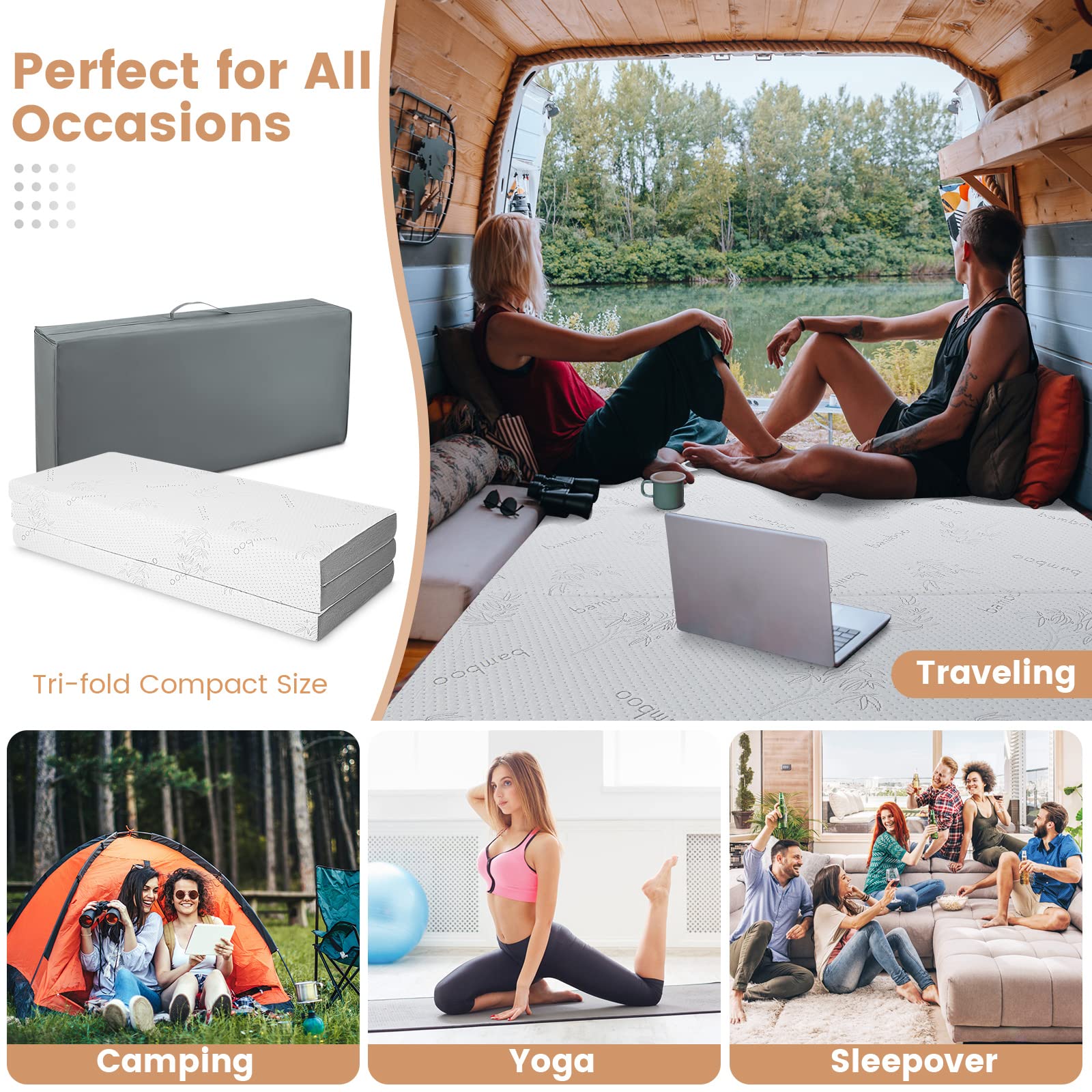 Giantex 4 Inch Tri Folding Mattress,CertiPUR-US Gel-Infused Memory Foam with Bamboo Cover Carry Bag