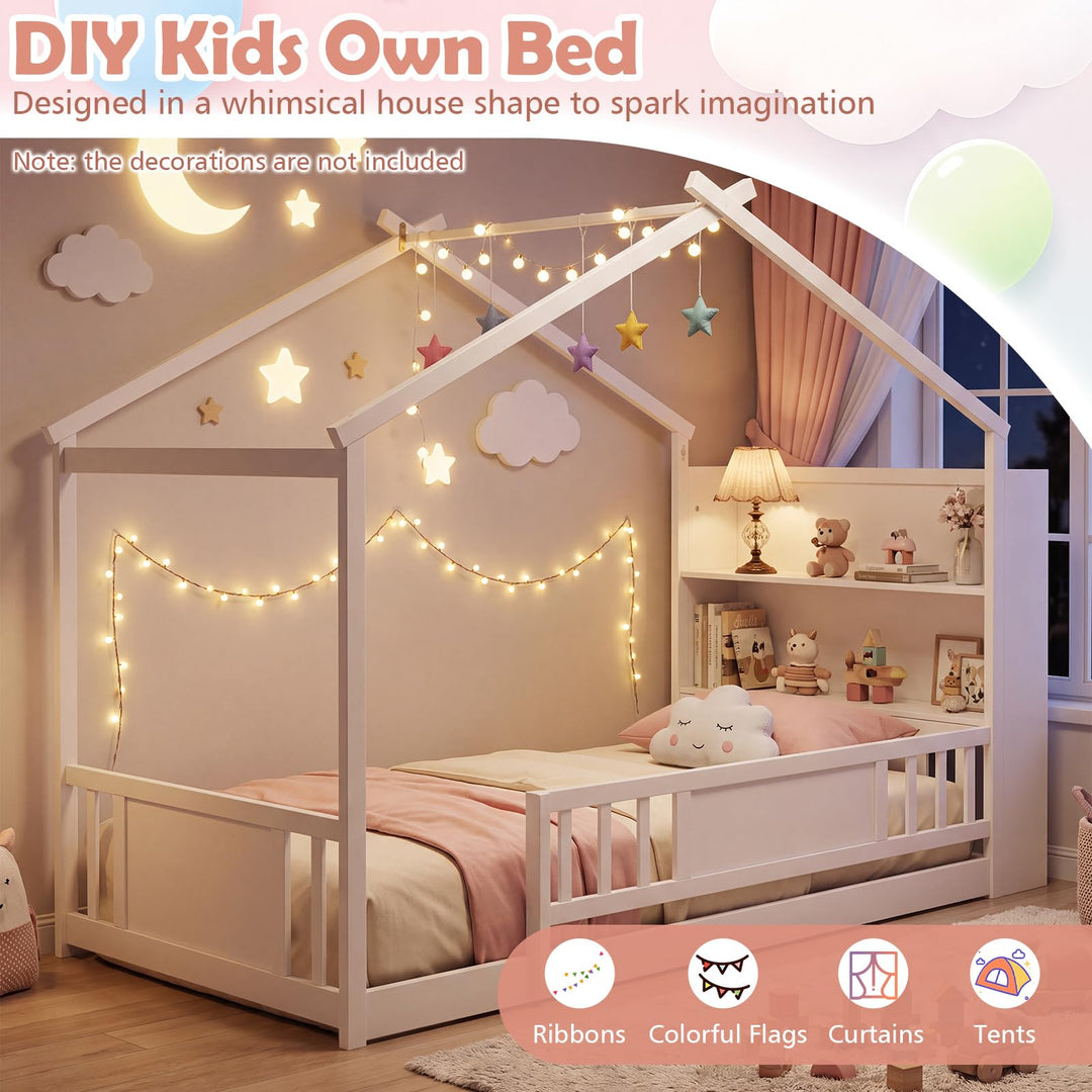 GIANTEX Twin Montessori Solid Wood Floor Bed with Storage Bookshelf