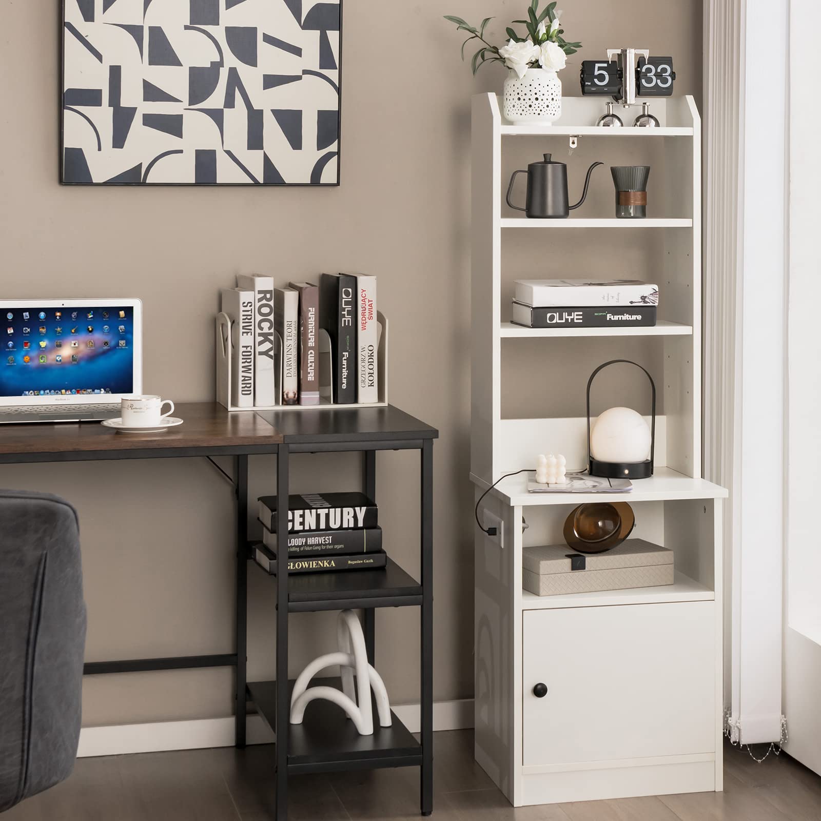 Giantex Nightstand with Charging Station - 55" Tall Bedside Table