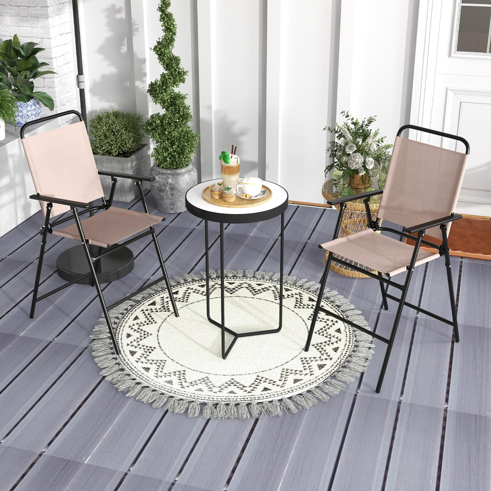 Giantex Outdoor Folding Bar Chair Set of 2, Bar-Height Patio Chairs with Backrest, Armrests, Footrest