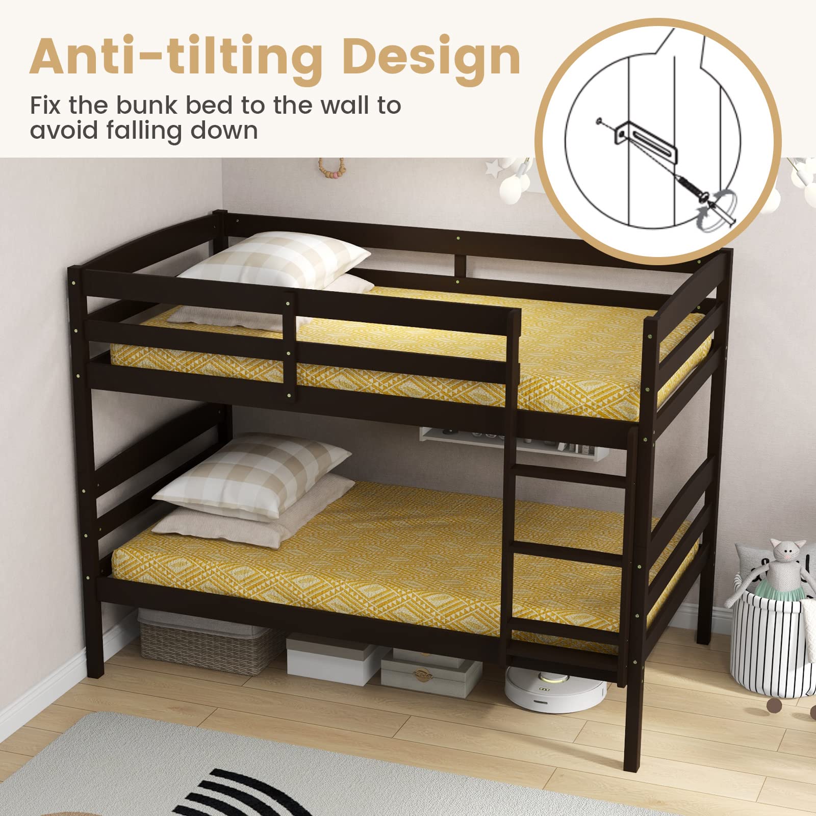 Giantex Bunk Bed, Solid Wood Detachable Bed Frame with High Guardrails & Integrated Ladder