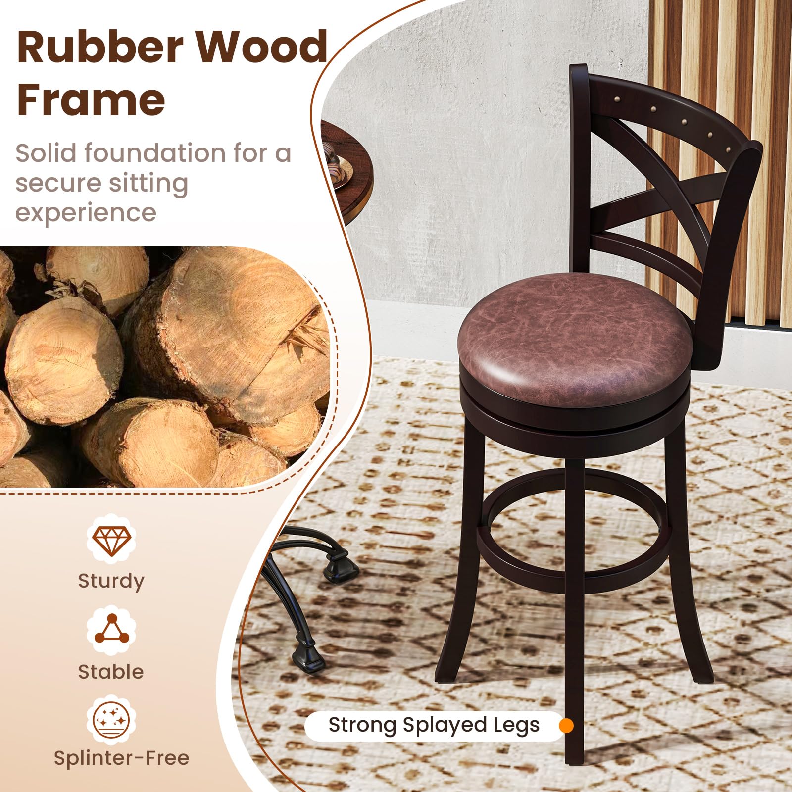 Giantex 30" Swivel Bar Stools with Footrest & Rubber Wood Frame