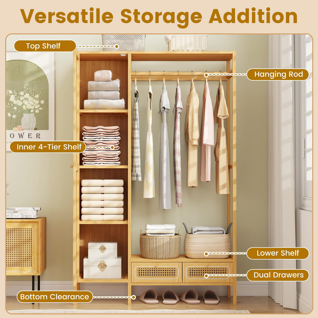 Giantex Bamboo Clothes Rack with Shelves Freestanding Garment Rack with Rattan Door