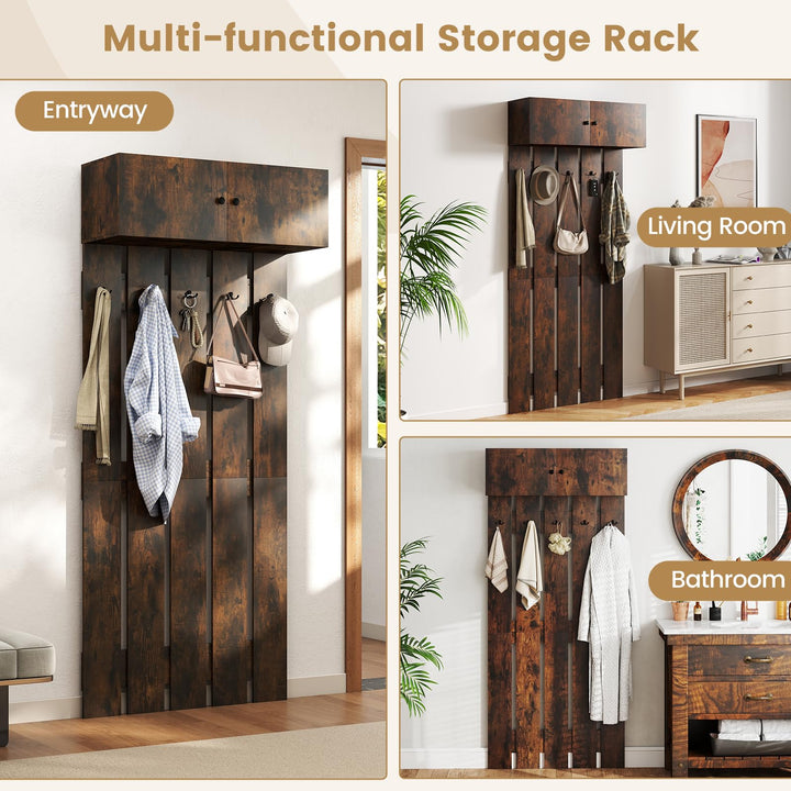 Giantex Wall Mounted Coat Rack 2-in 1 Hall Tree w/ 5 Double Hooks & 2-Door Cabinet