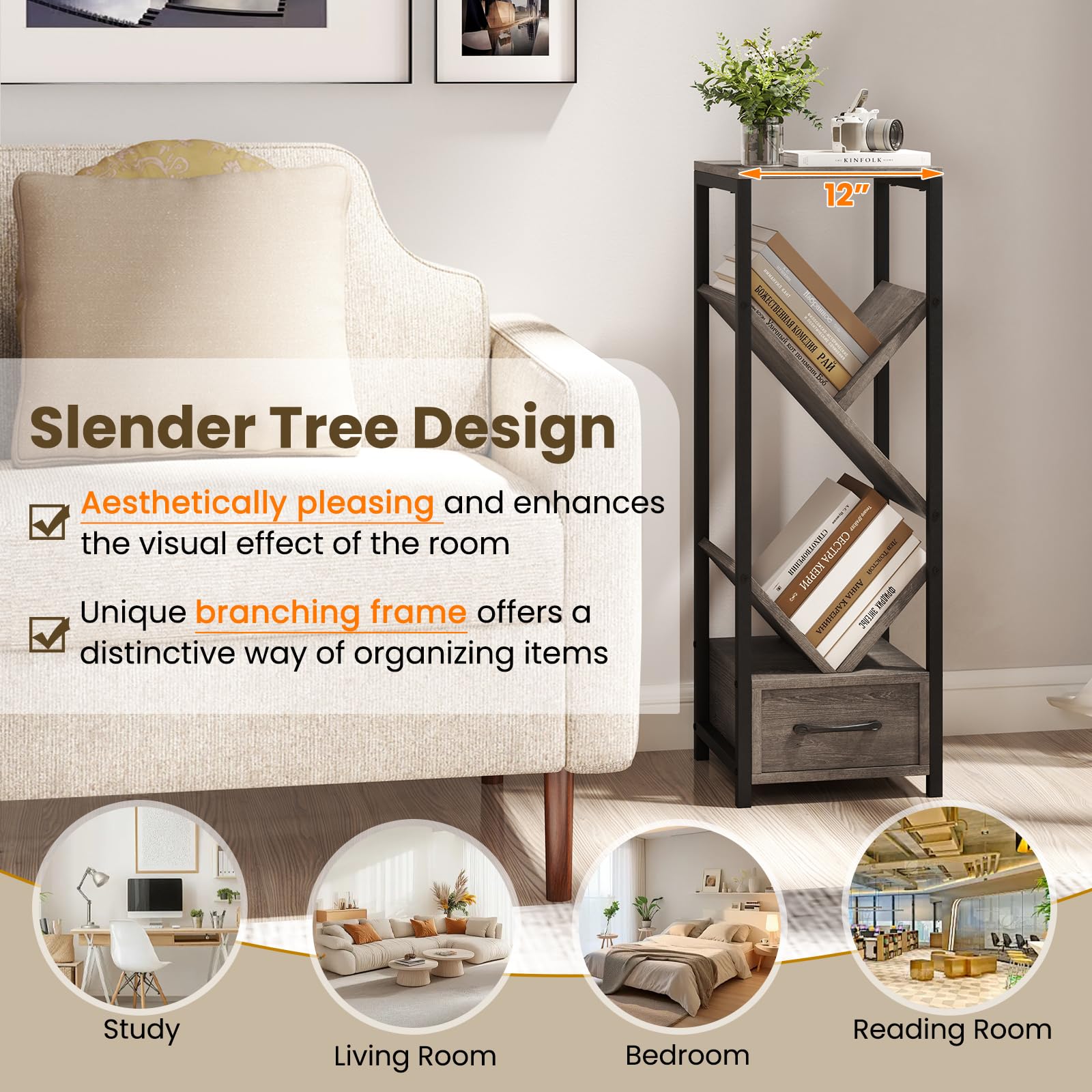 Giantex Tree Bookshelf with Drawer, 4-Tier Narrow Bookcase with Metal Frame, Tall Floor Standing Storage Organizer for Small Space