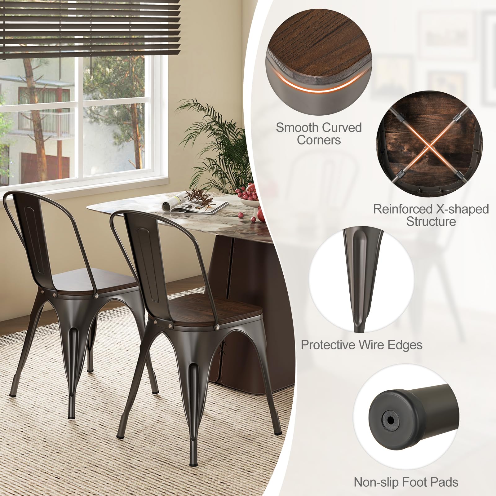 Giantex Metal Dining Chairs Set of 4, Stackable Kitchen Chairs with Wood Seat & Removable Backrest