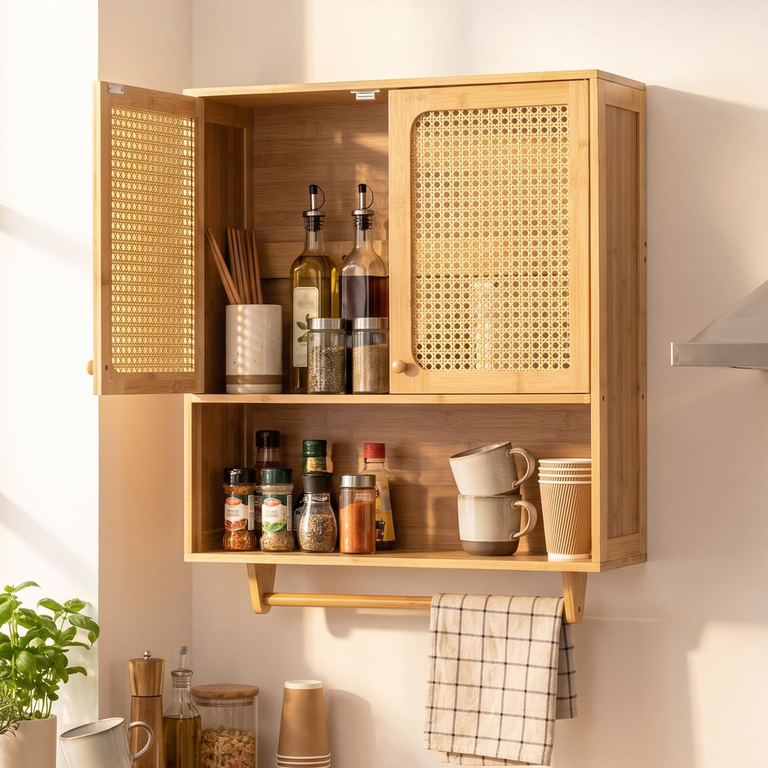 GIANTEX Wall Mounted Bamboo Bathroom Wall Cabinet with Towel Rack