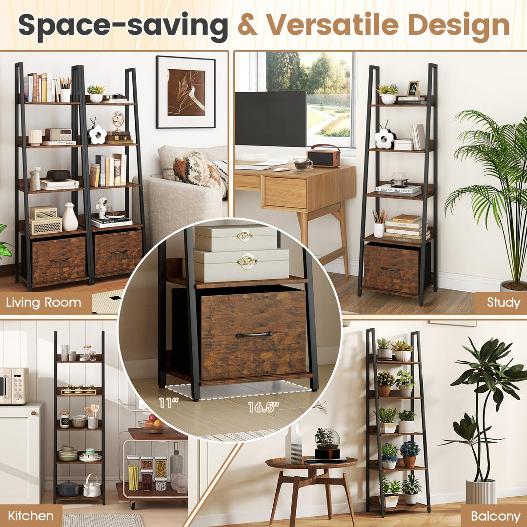 Giantex 5-Tier Industrial Ladder Bookshelf with Removable Fabric Drawer (1/2)