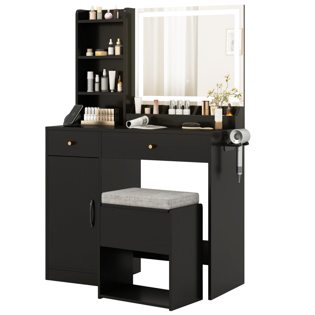 CHARMAID Vanity Desk with Mirror and Lights, Makeup Vanity Desk with Drawers, Shelves, Side Cabinet