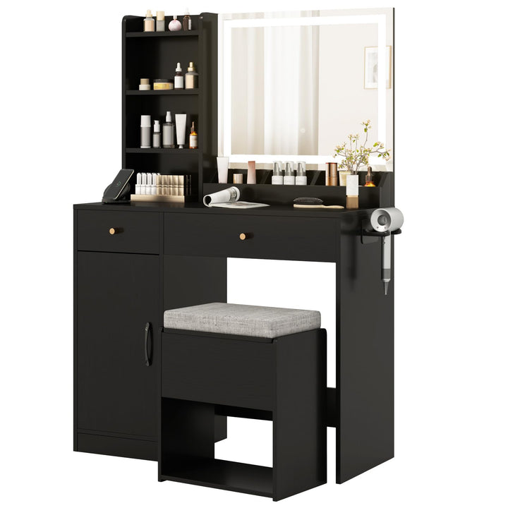 CHARMAID Vanity Desk with Mirror and Lights, Makeup Vanity Desk with Drawers, Shelves, Side Cabinet