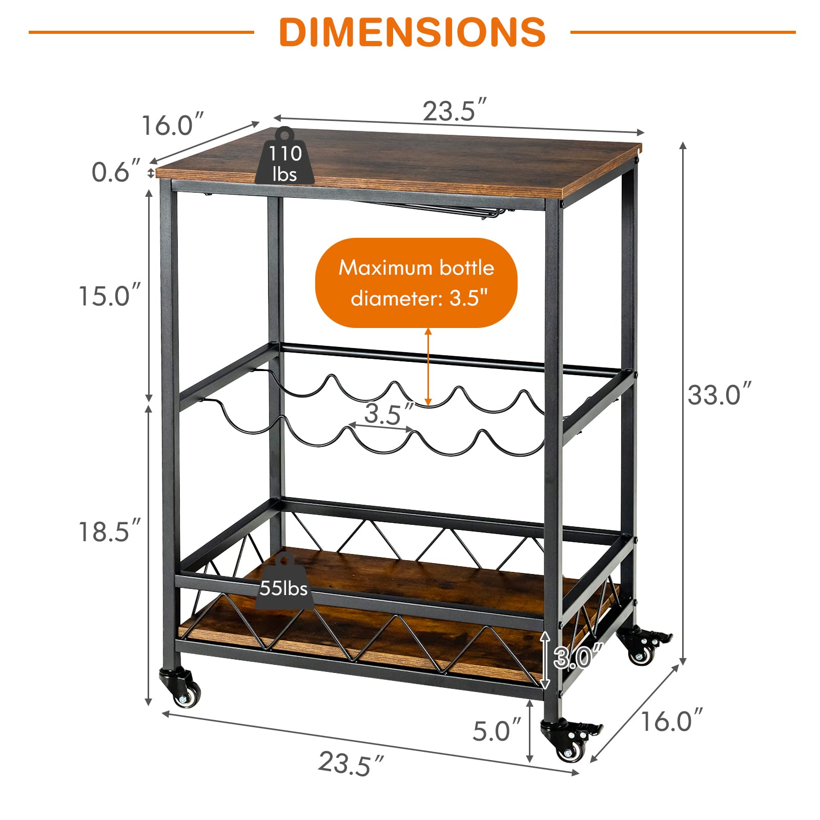 3-Tier Rolling Kitchen Island Cart Industrial Style Trolley Serving Cart