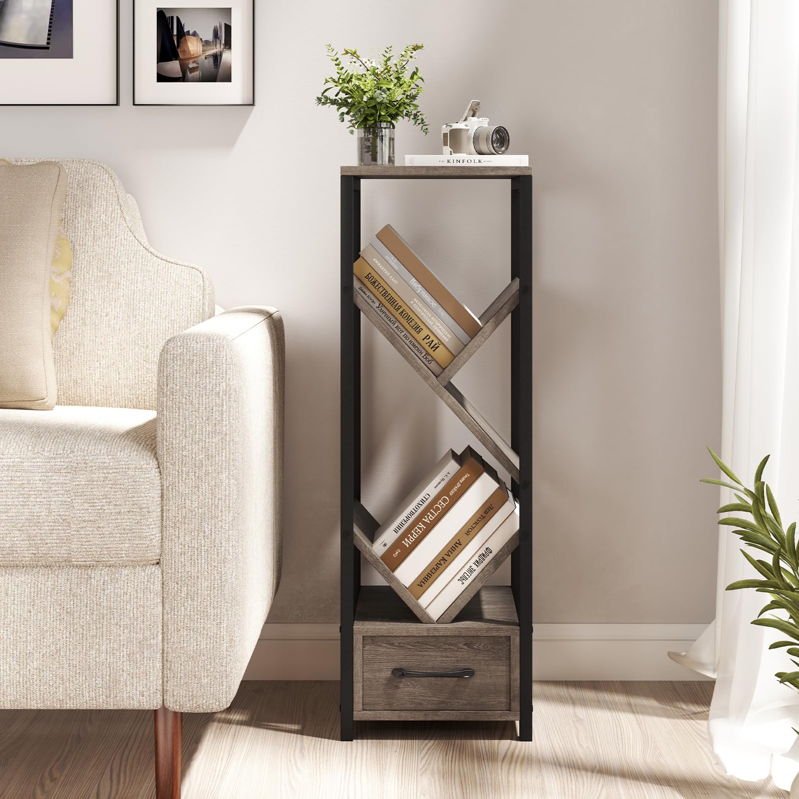 Giantex Tree Bookshelf with Drawer, 4-Tier Narrow Bookcase with Metal Frame, Tall Floor Standing Storage Organizer for Small Space
