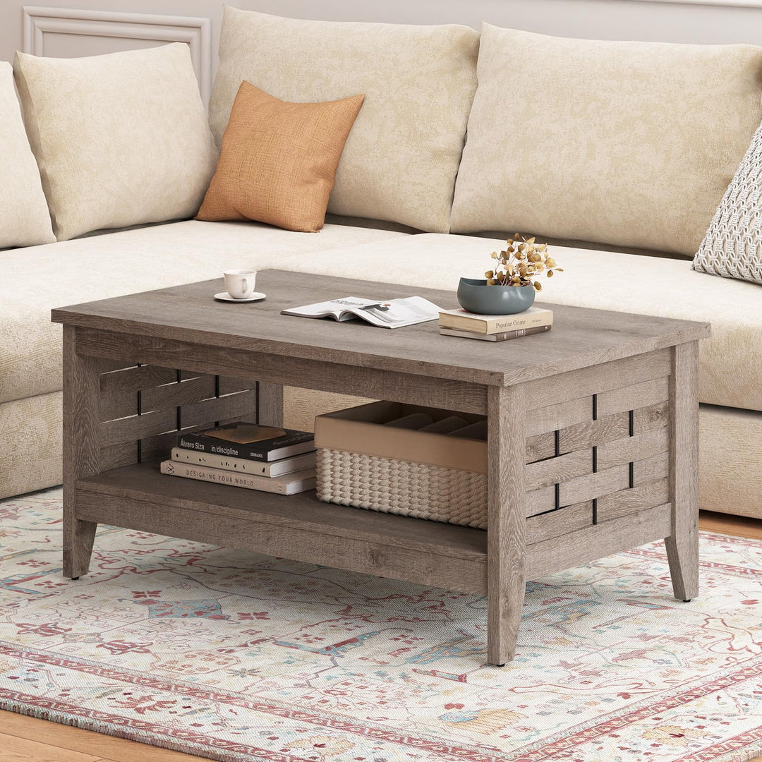 Giantex 2-Tier Farmhouse Coffee Table with Open Shelf and Woven Decorations for Living Room