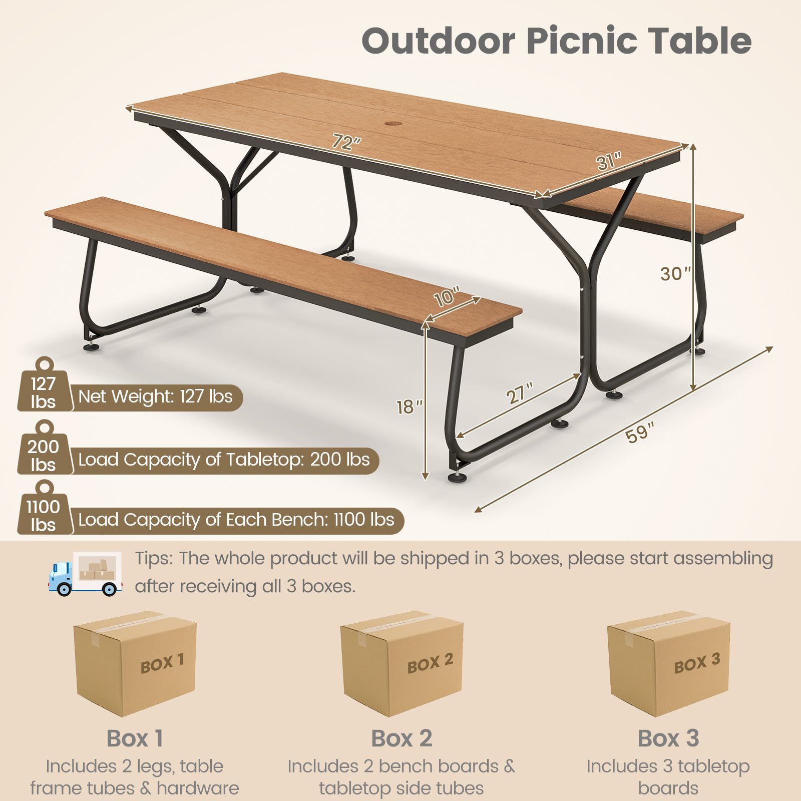 Giantex 6 FT Outdoor Picnic Table Bench Set for 6-8 People
