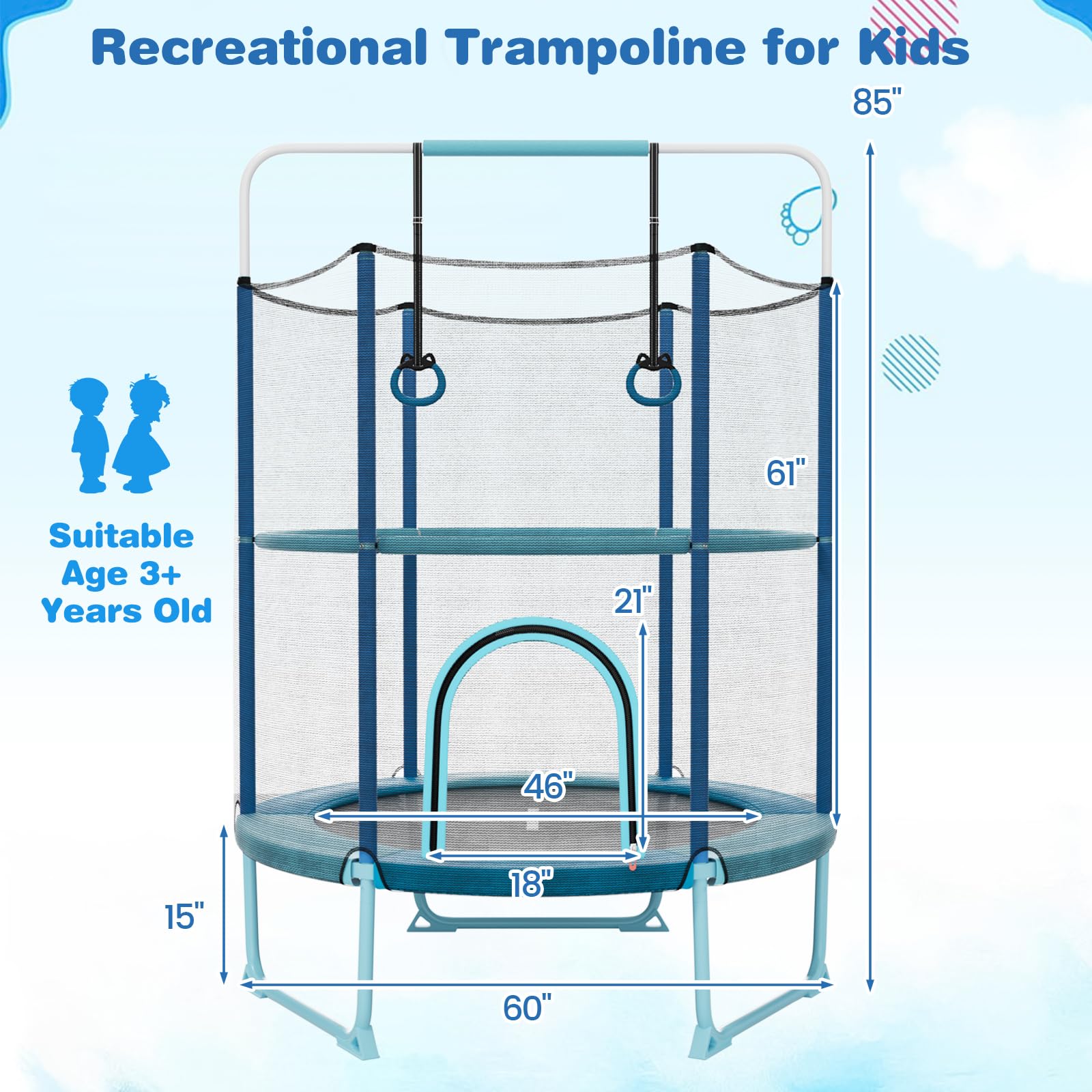 Giantex 60" Trampoline for Kids, 5 Ft Toddler Trampoline with Net, 85" Height Mini Trampoline with Detachable Ring and Horizontal Bar