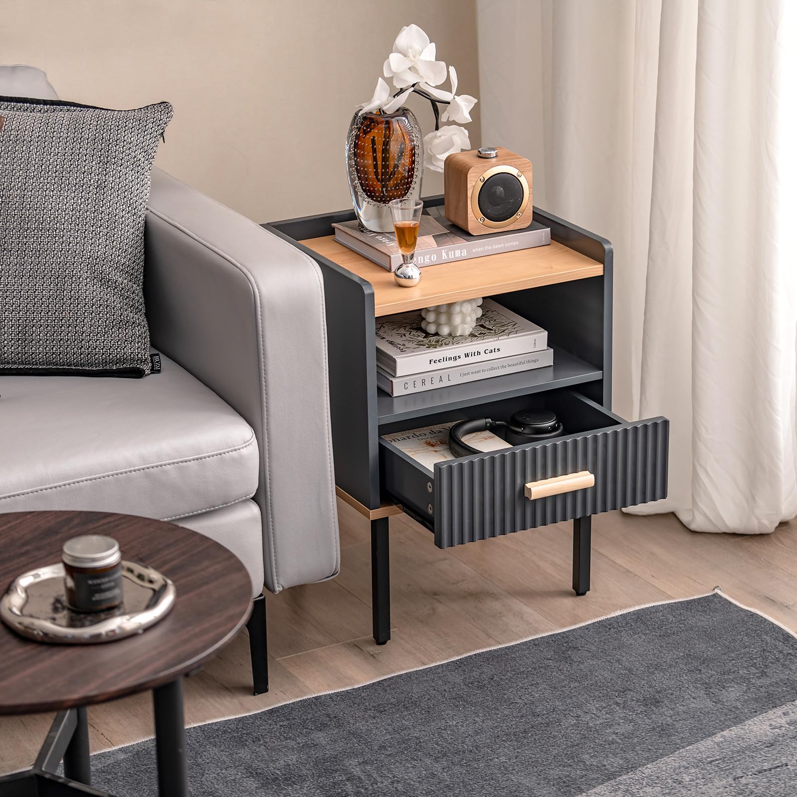 Giantex Modern Nightstand with Drawer - Bedside Table with Open Shelf, Gray