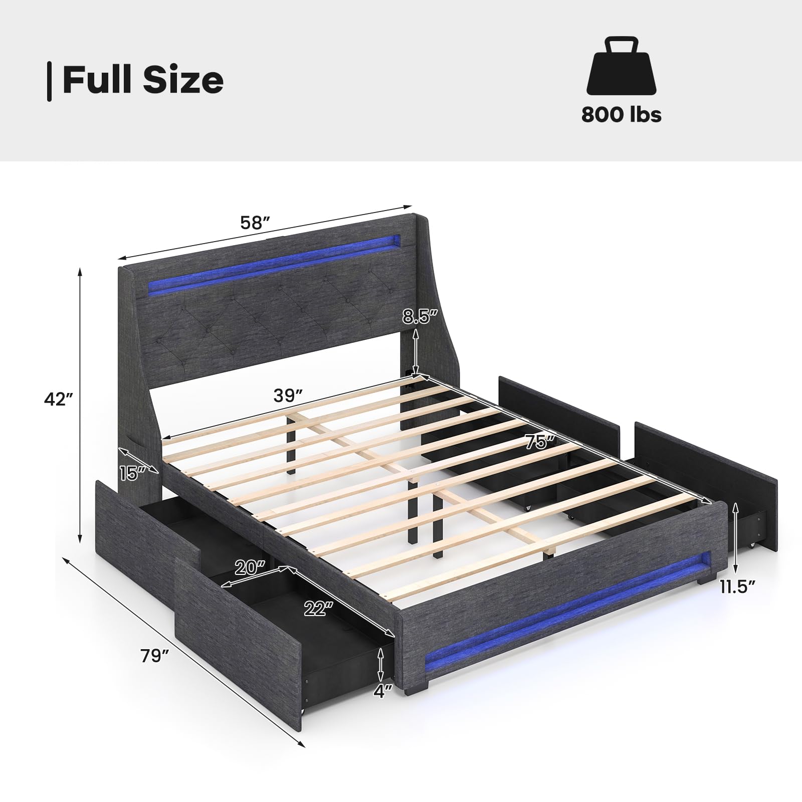 Giantex Full Size Bed Frame with LED Lights & Charging Station, Upholstered Platform Bed with Wingback Headboard