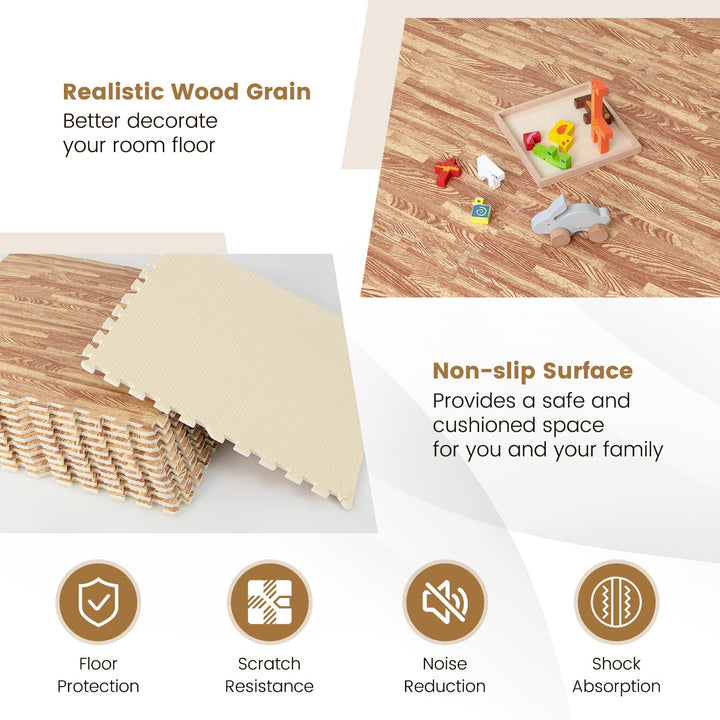 Giantex 100 Sq. Ft Wood Grain Floor Tiles Foam Mat, 25 PCS 24'' x 24'' Puzzle Exercise Mats with Borders
