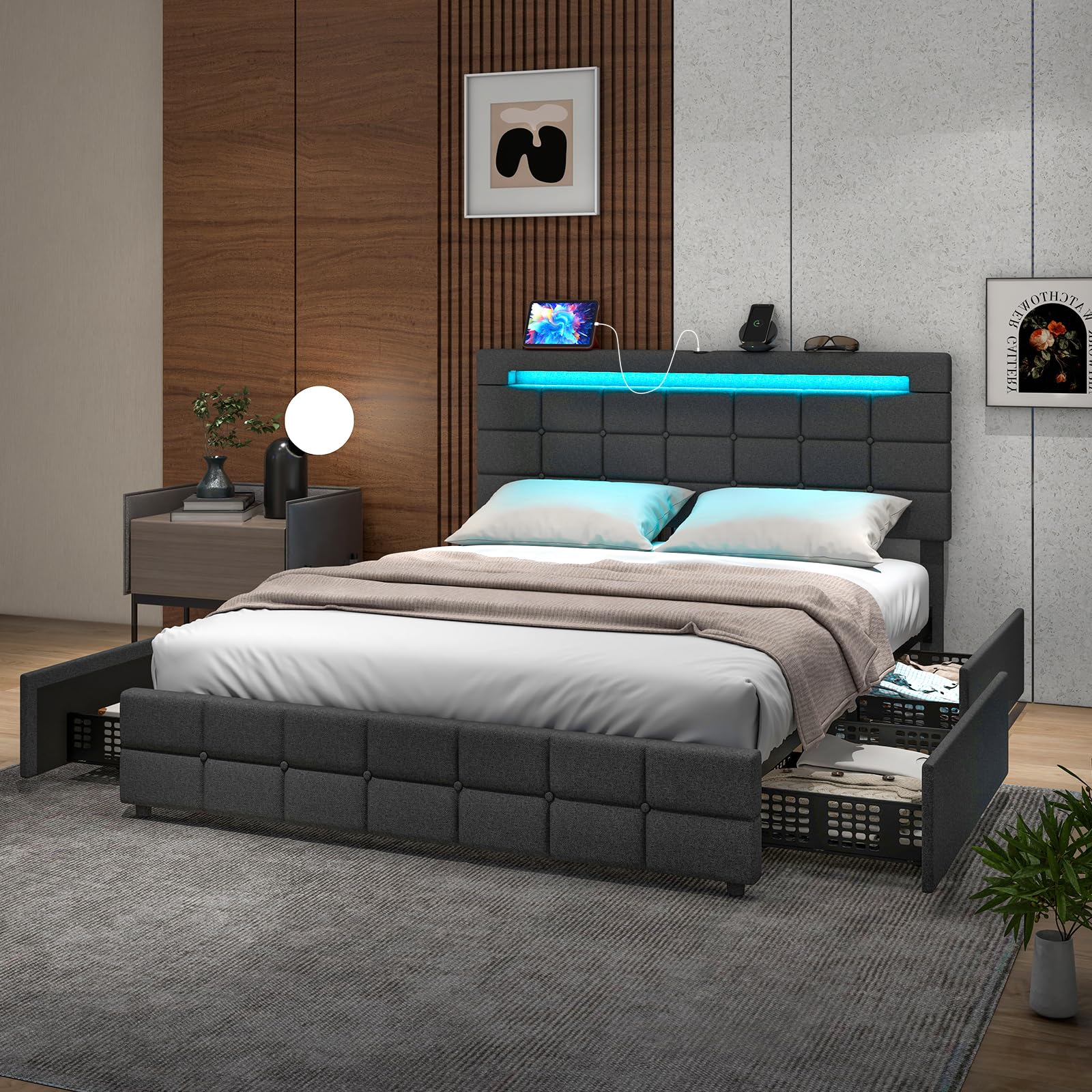 Giantex Bed Frame with LED Lights and 4 Drawers