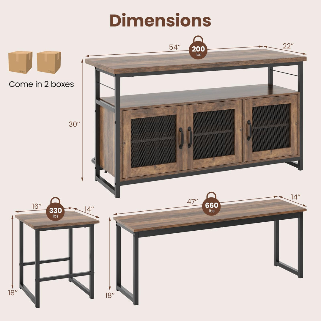 Giantex Dining Table Set for 4, Kitchen Island with Seating Bench & Stools, Storage Cabinet, 3-Position Adjustable Shelves