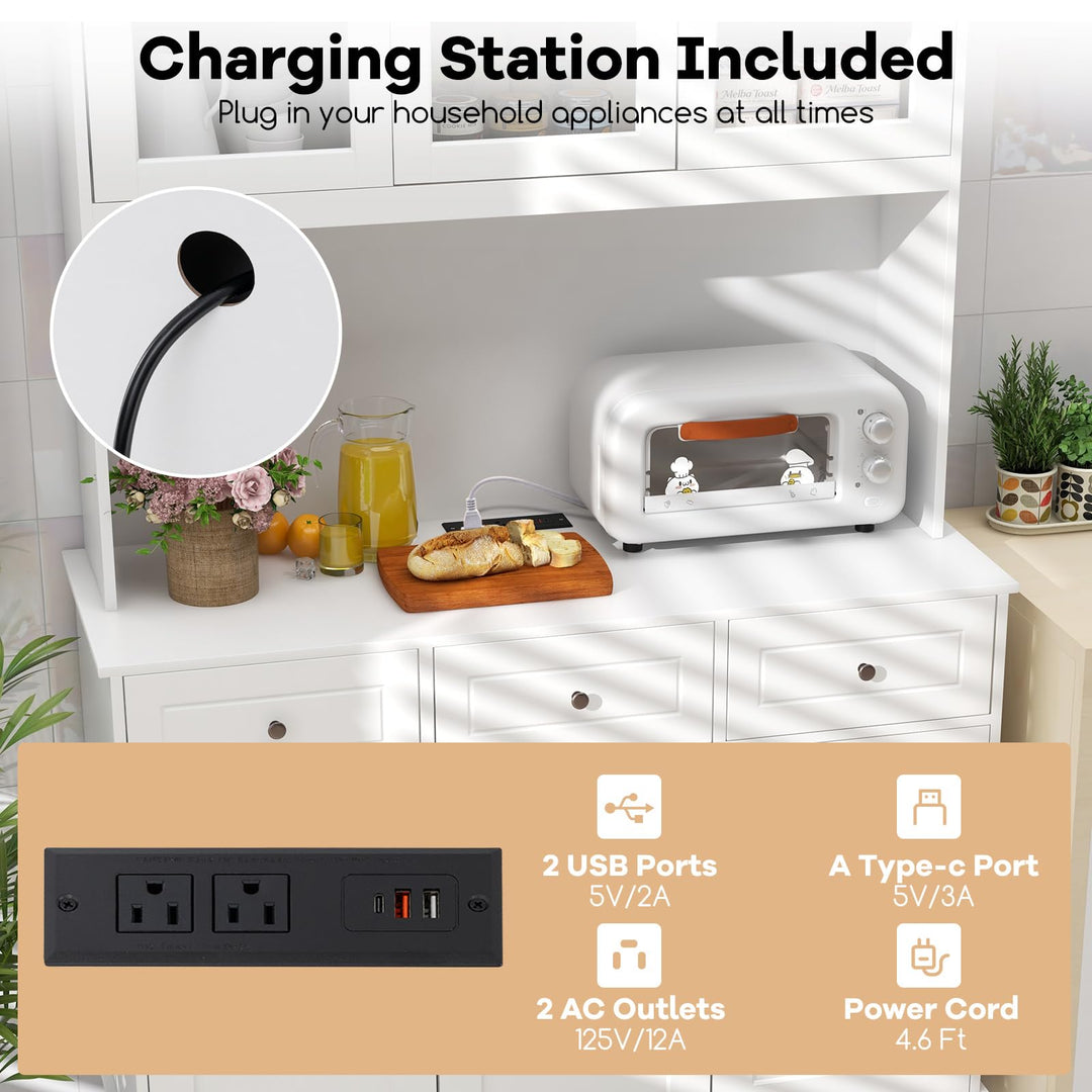 Giantex Pantry Cabinet, 77” Tall Buffet Cabinet with Hutch, LED Lights & Charging Station