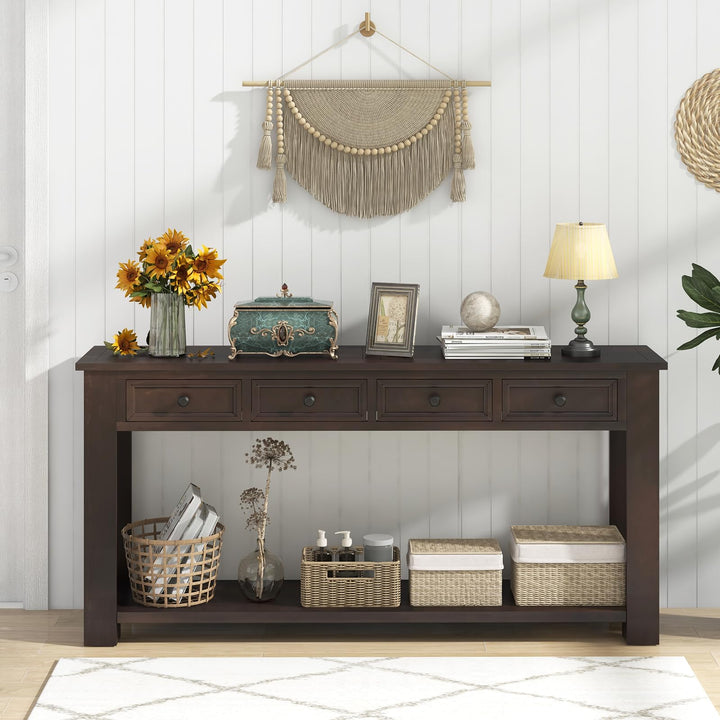 Giantex 63" Farmhouse Entryway Table, Narrow Console Table w/ 4 Storage Drawers & Open Shelf