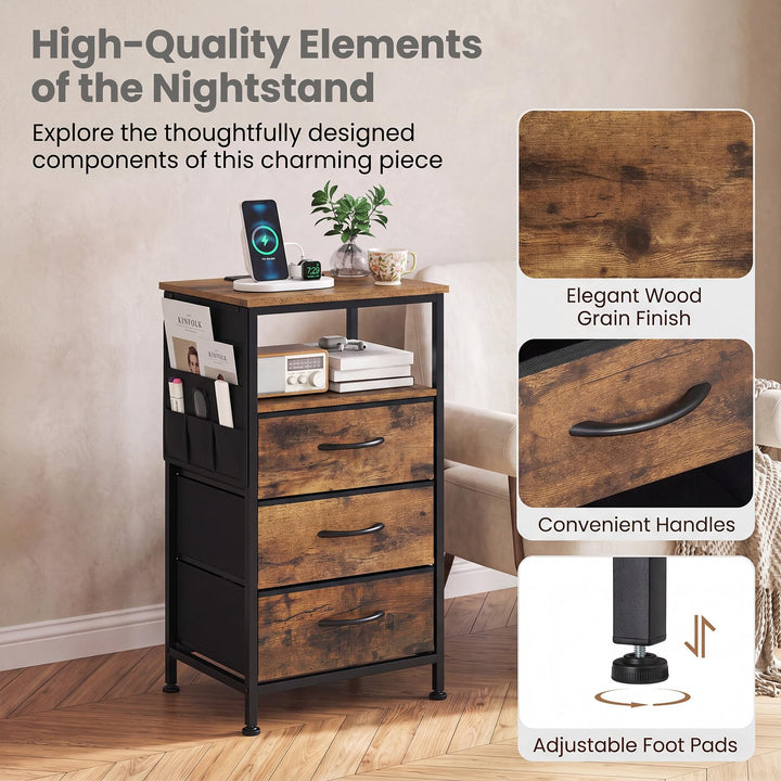 GIANTEX 27.5" Nightstand with Charging Station &amp; 3 Fabric Drawer (1/2)