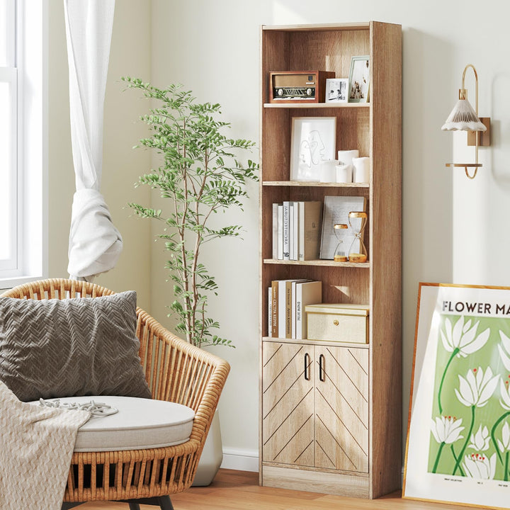 Giantex 6-Tier Bookshelf with Double Doors, 71" Tall Bookcase w/ 4 Open Cubes & 3 Adjustable Shelves