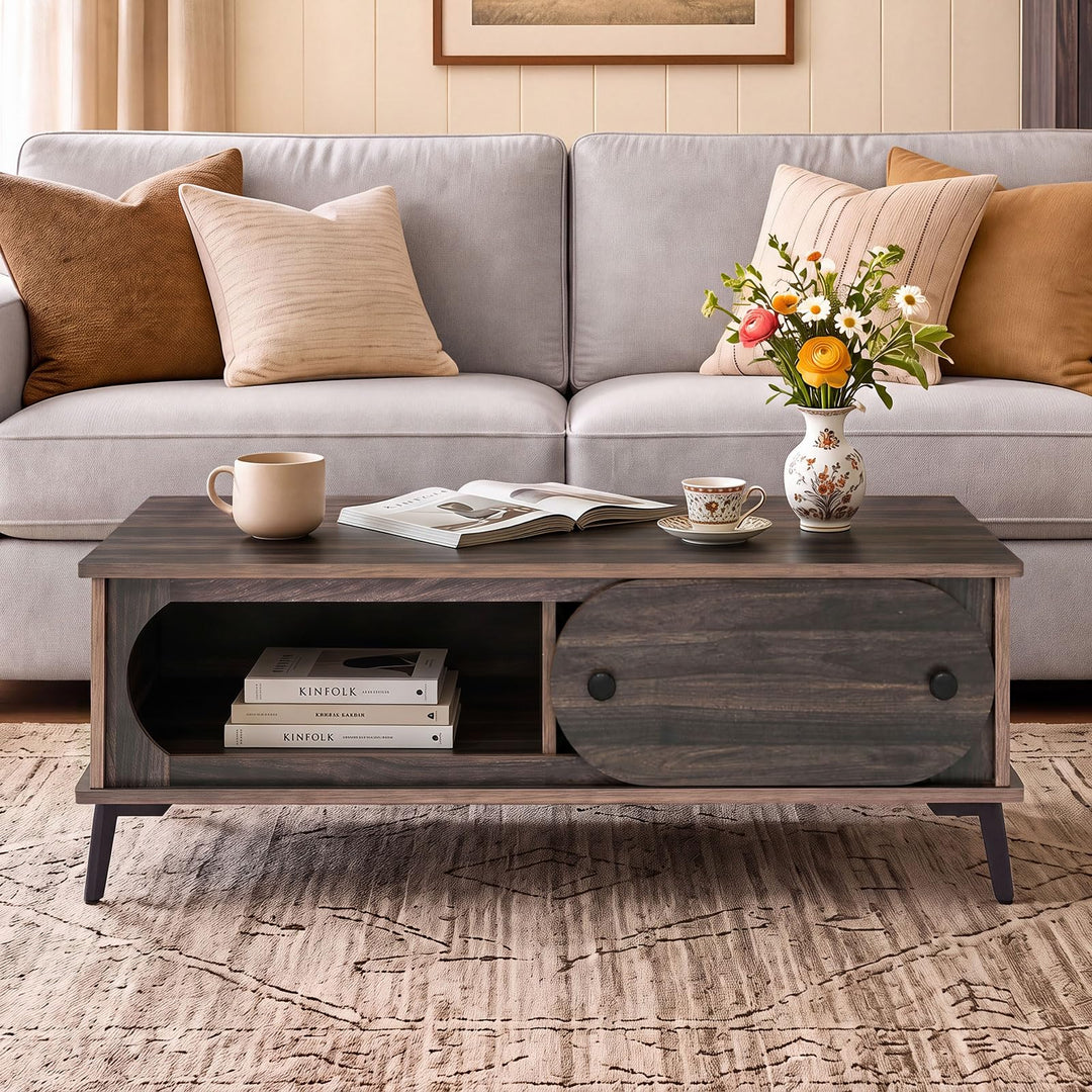 GIANTEX Mid Century Modern Wood Coffee Table with Storage &amp; Sliding Door