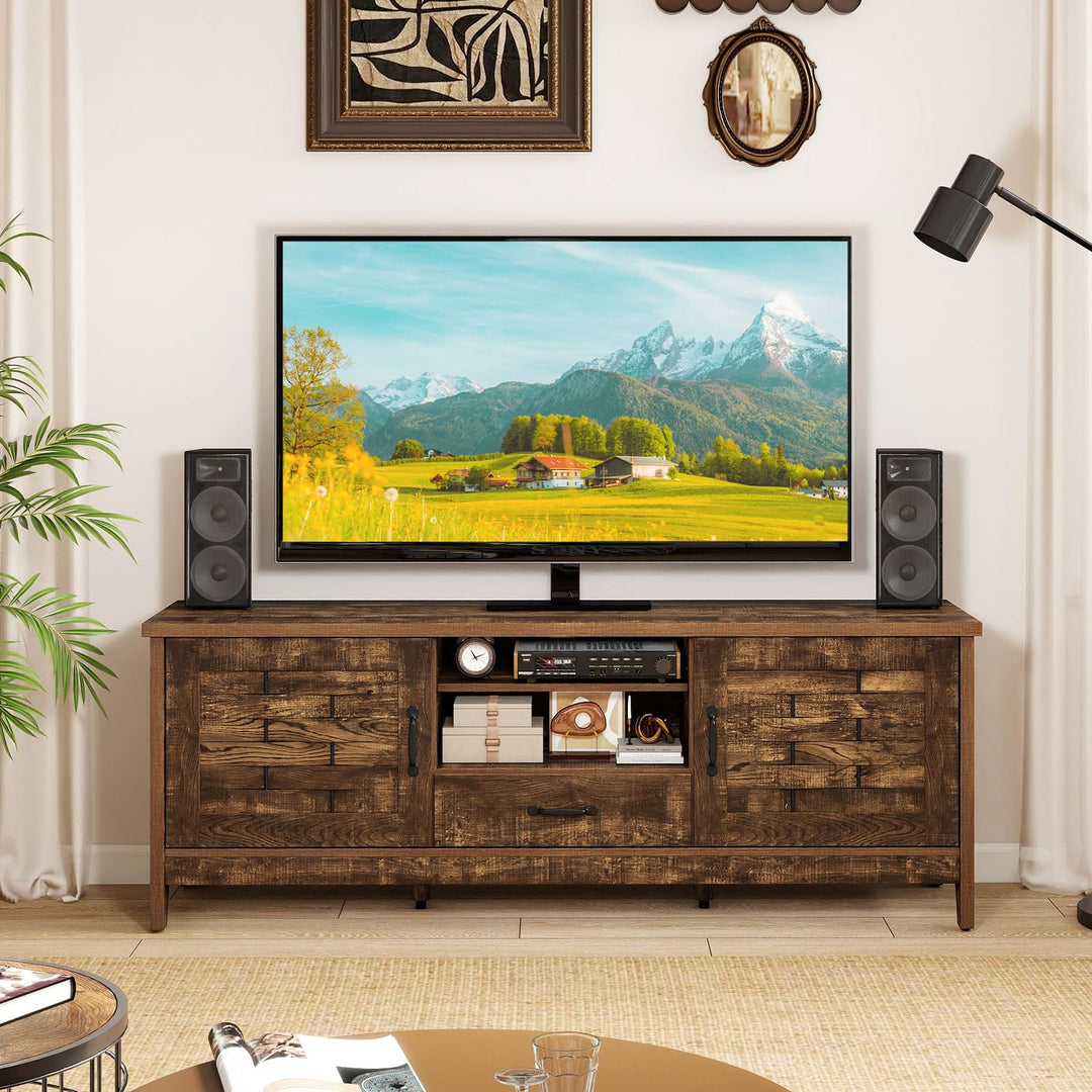 Giantex Farmhouse TV Stand for 65 Inch TVs 59" Wood Entertainment Center with 2 Woven Accent Doors