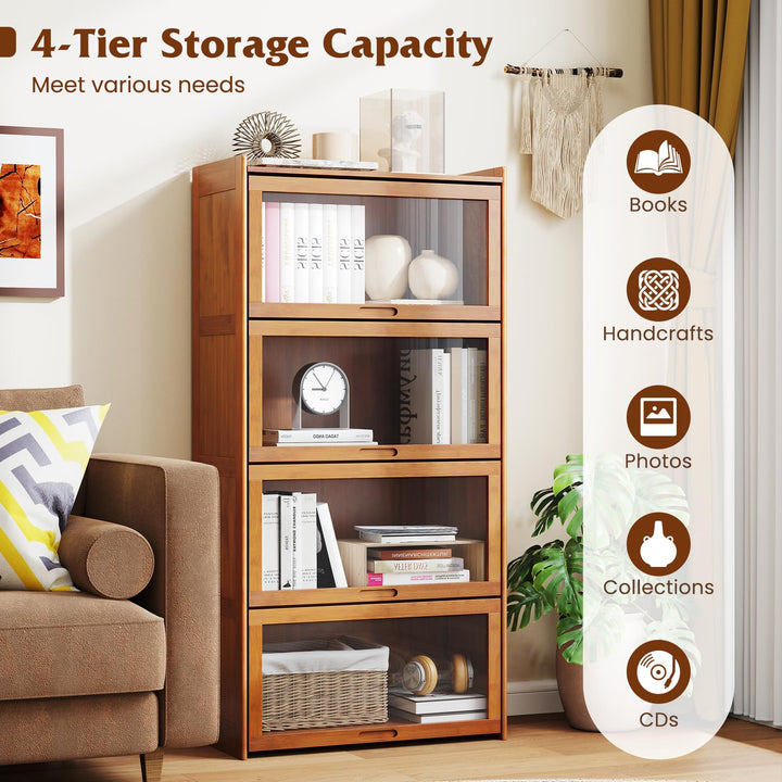 Giantex 4-Tier Bookcase with Clear Doors, 55" Bamboo Bookshelf with Flip-up Acrylic Doors, Freestanding Cube Storage Organizer with Shelves