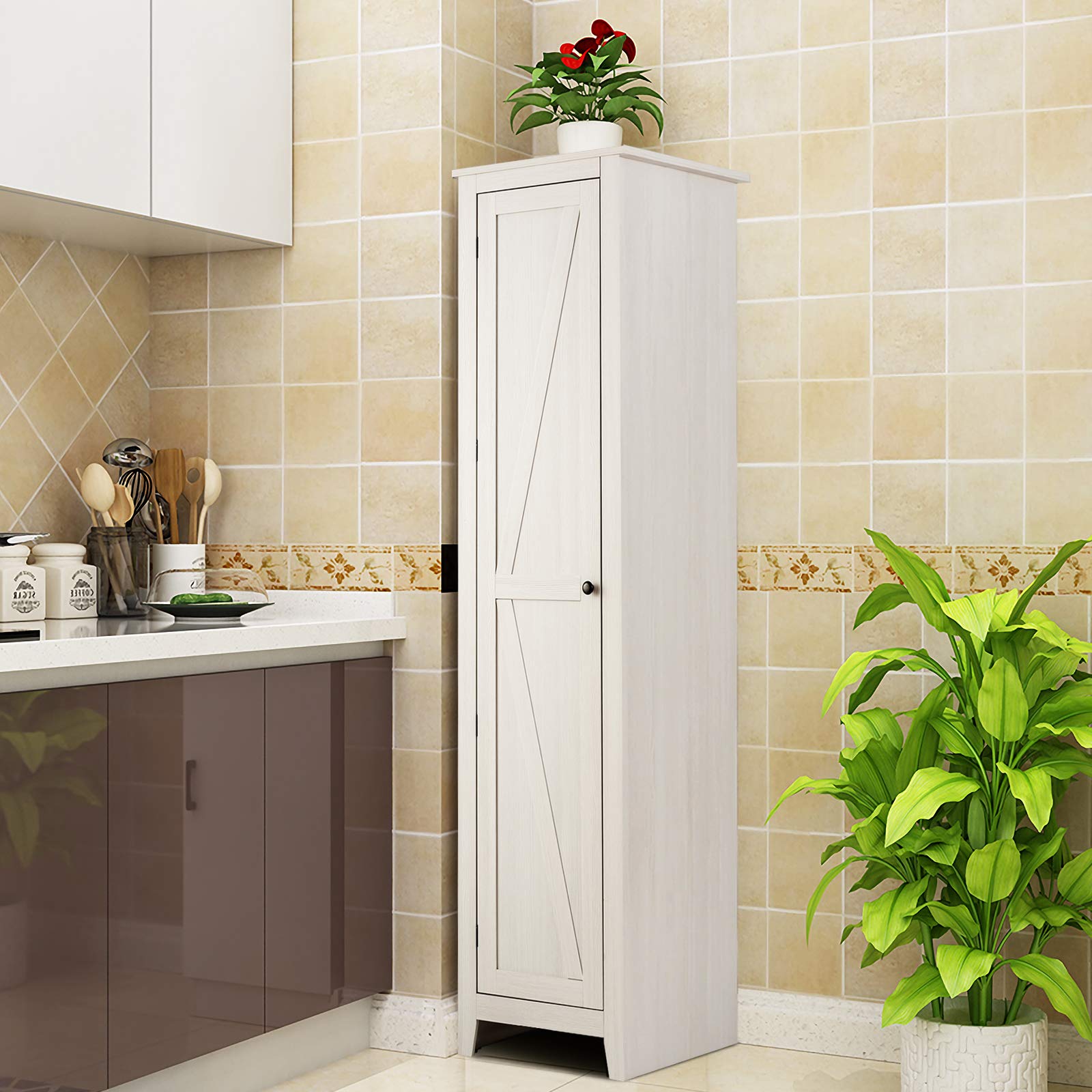 Giantex Tall Storage Cabinet Freestanding Floor Storage Tower with Four Shelves and Single Door