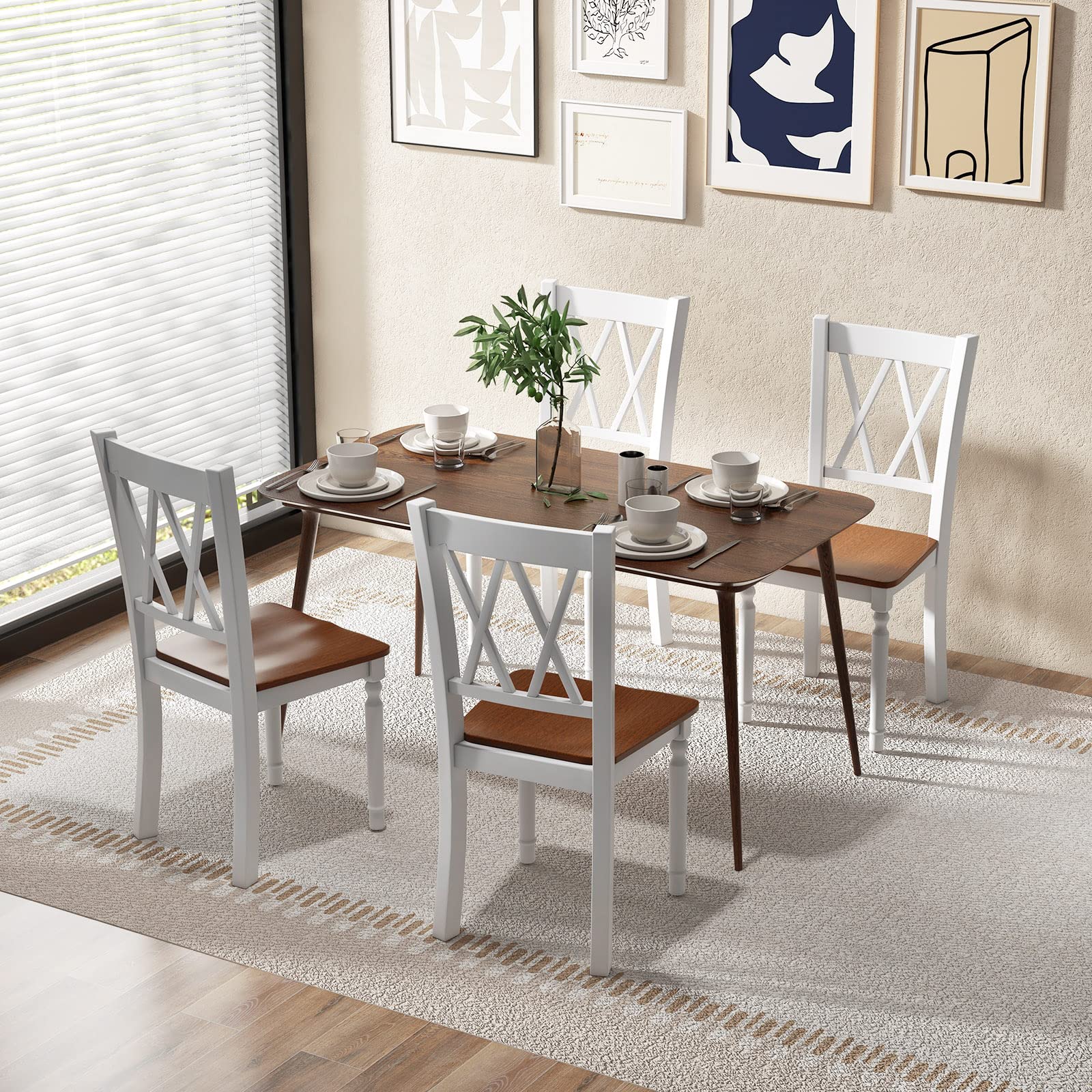 Giantex Dining Room Chairs Set of 2 White, Wooden Farmhouse Kitchen Chairs with Rubber Wood Seat