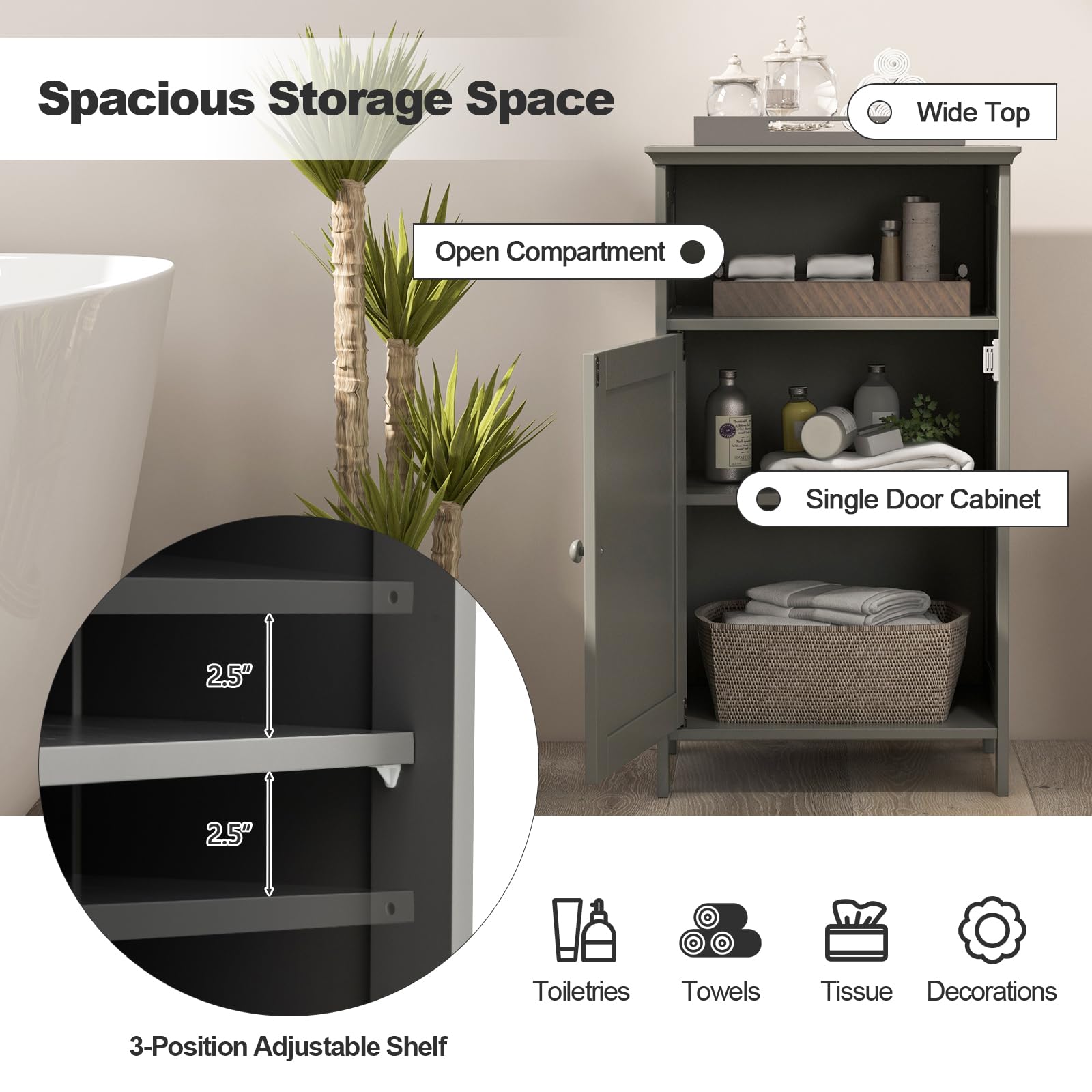 Giantex Bathroom Floor Storage Cabinet - Side Cabinet with Open Compartment, 3-Position Adjustable Shelf