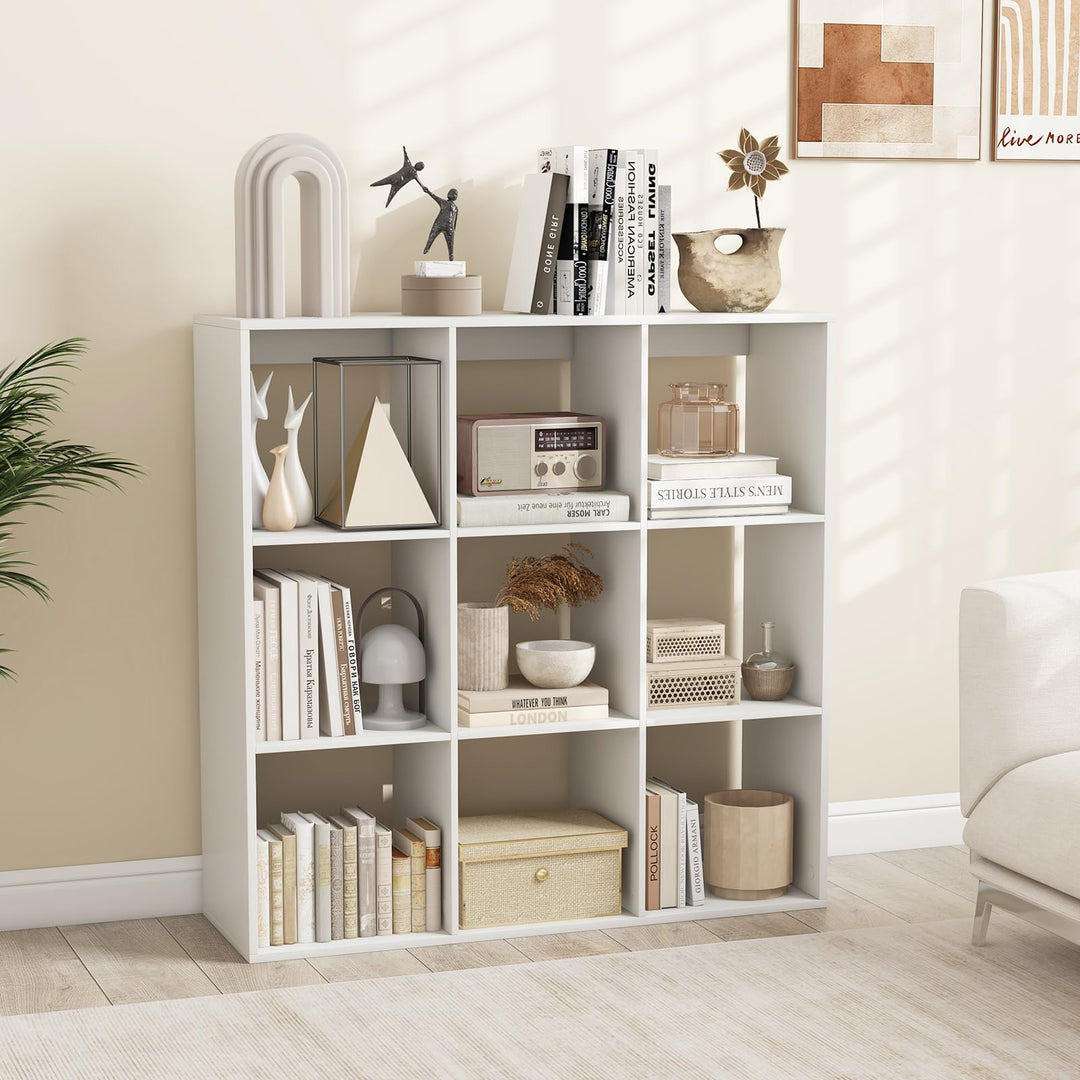 Giantex 9-Cube Bookcase, White Cubby Bookshelf w/Back Guardrail & Anti-Tipping Kits