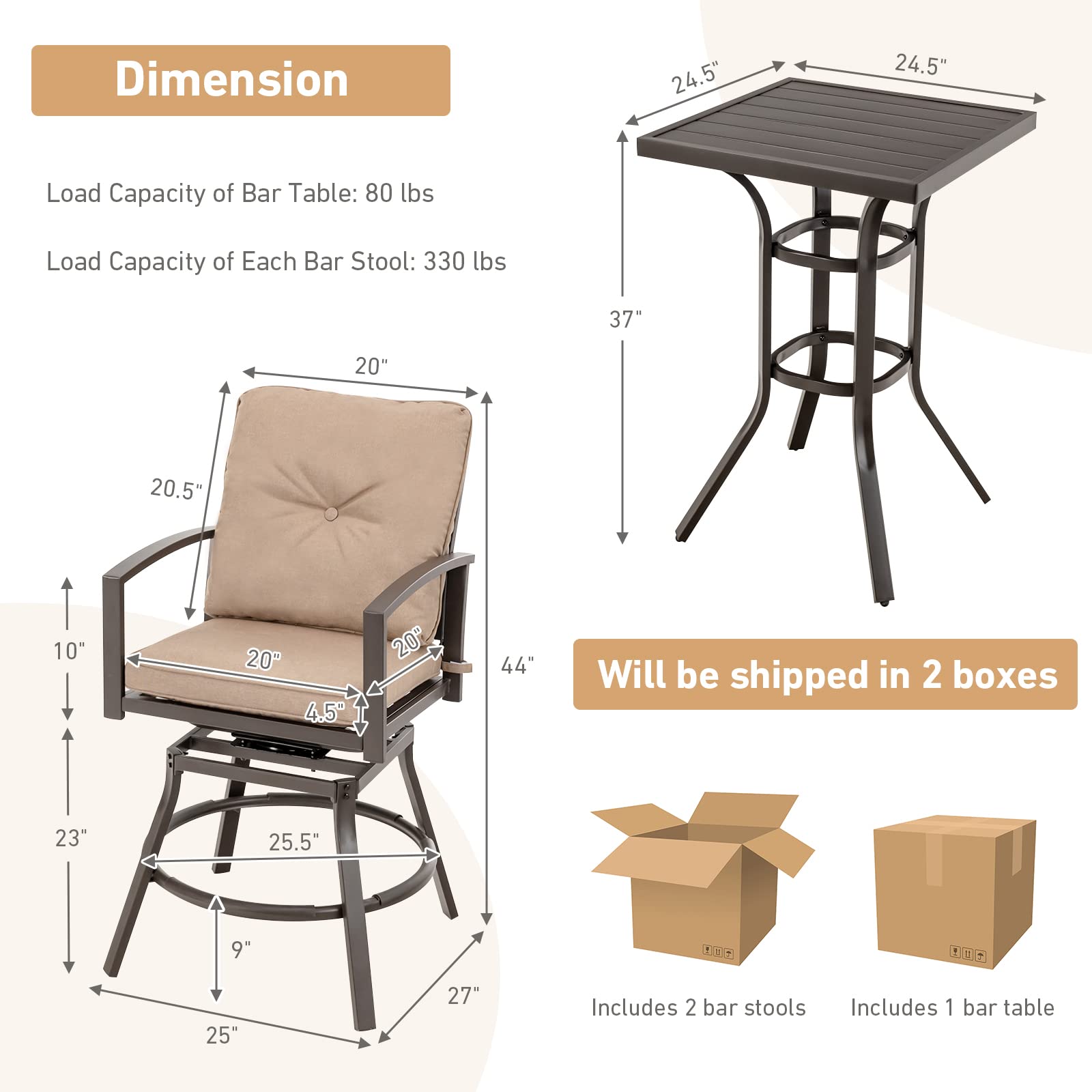 Giantex 3 Piece Patio Bar Set, All Weather Metal Outdoor Furniture Set, Bar Height Patio Table, Swivel High Bar Stool Chairs Set of 2