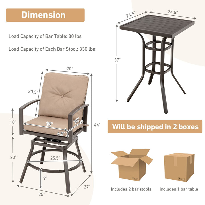 Giantex 3 Piece Patio Bar Set, All Weather Metal Outdoor Furniture Set, Bar Height Patio Table, Swivel High Bar Stool Chairs Set of 2